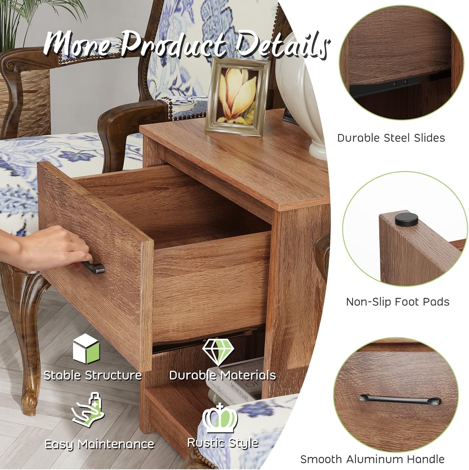 Giantex Mesita de noche con cajón, juego de 2 mesas auxiliares de madera con compartimento de almacenamiento abierto, mesa auxiliar multiusos para