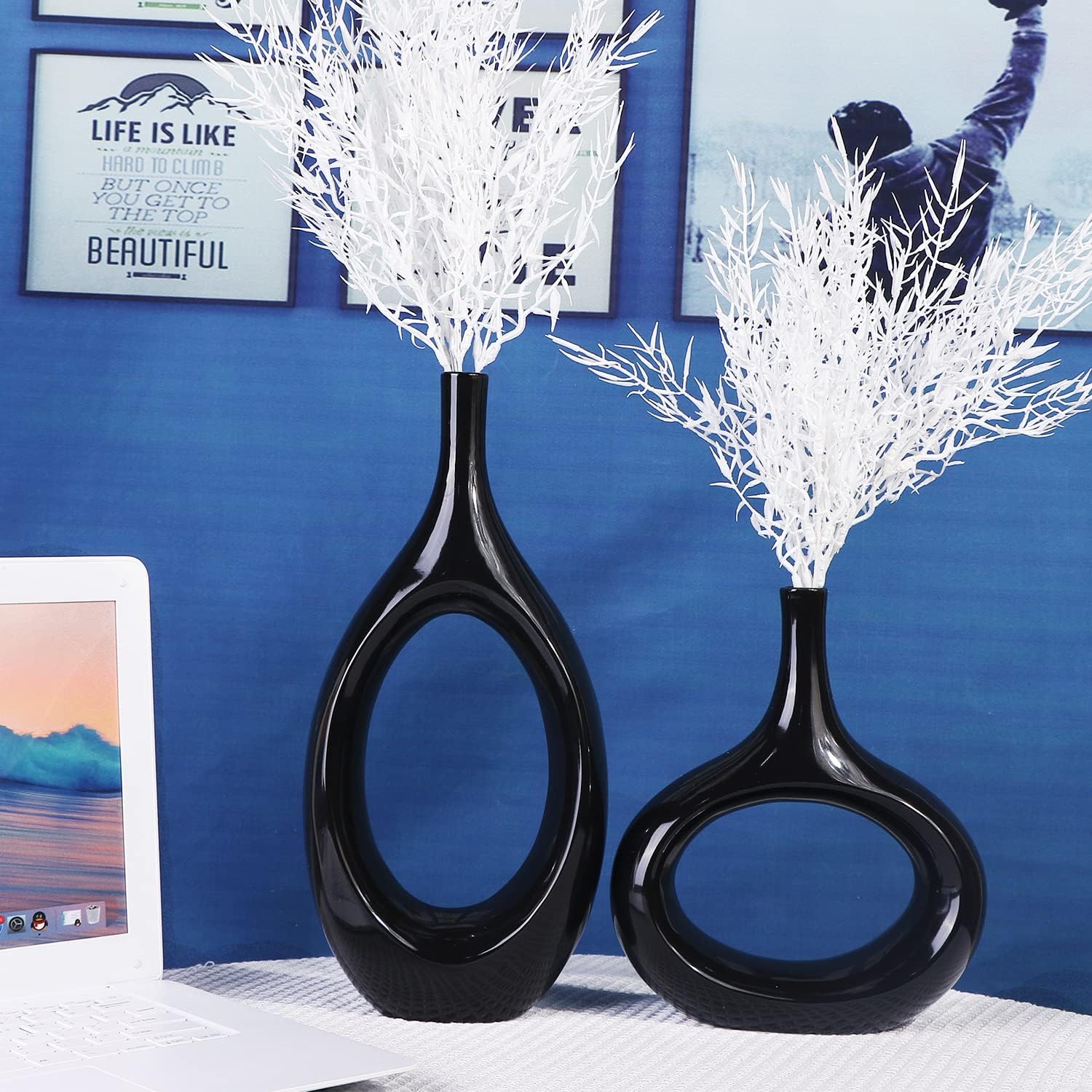 SANFERGE Juego de 2 jarrones huecos ovalados de color negro brillante, versión actualizada, florero de cerámica para decoración del hogar, jarrón
