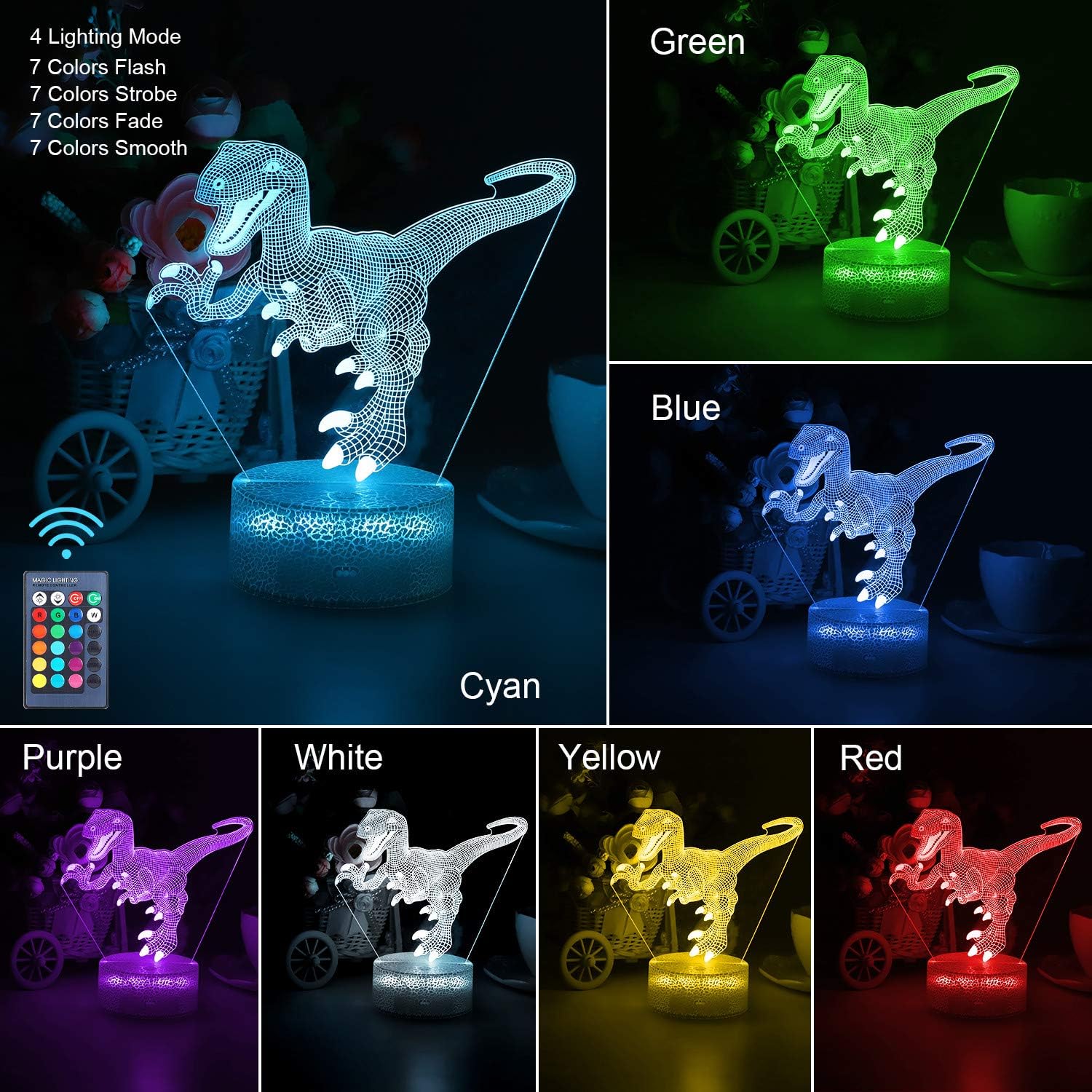 VSATEN Dinosaur Night Light for Kids, 3D Illusion Lamp 3-Pattern & 16 Colors Changing LED Dino Nightlight with Smart Touch & Remote Control,