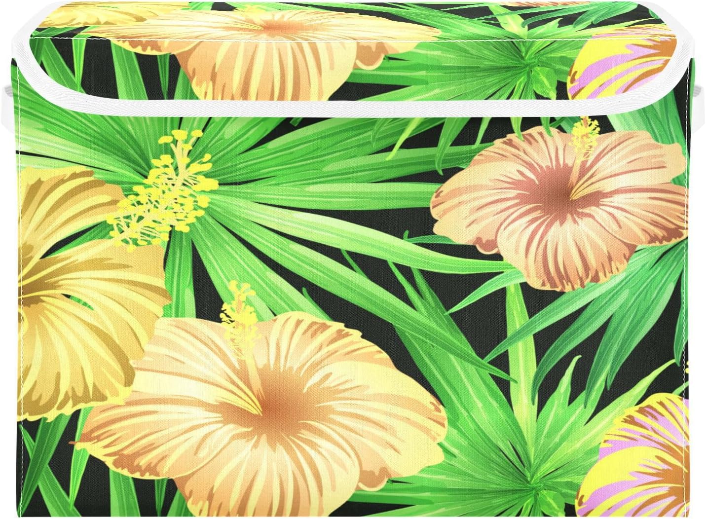 Cubos de almacenamiento plegables grandes de hojas y flores de hibisco con tapas decorativas con asas, cesta de almacenamiento de tela, cubos para