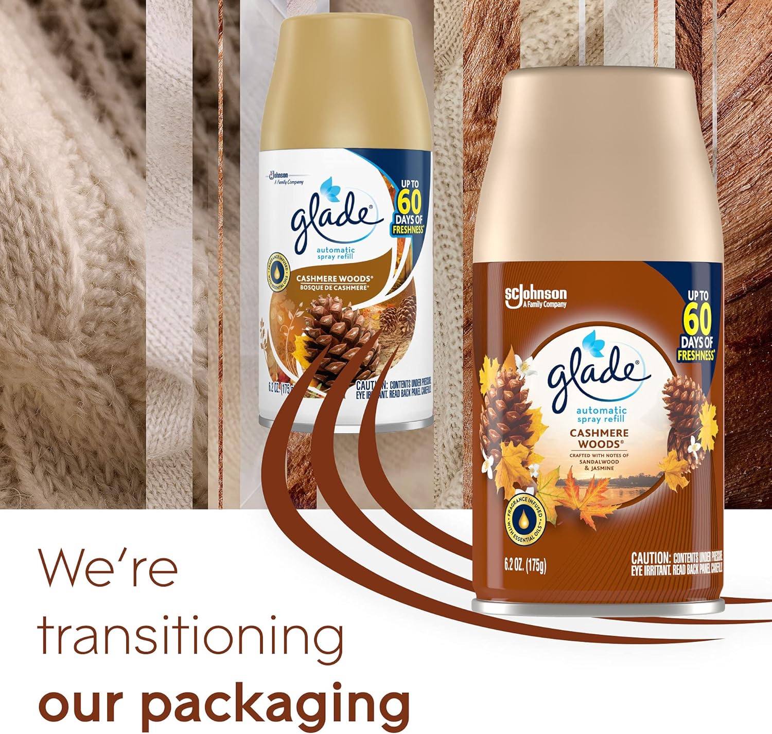 Glade Recambio automático en aerosol, ambientador para el hogar y el baño, maderas de cachemira, 6.2 onzas (paquete de 2)