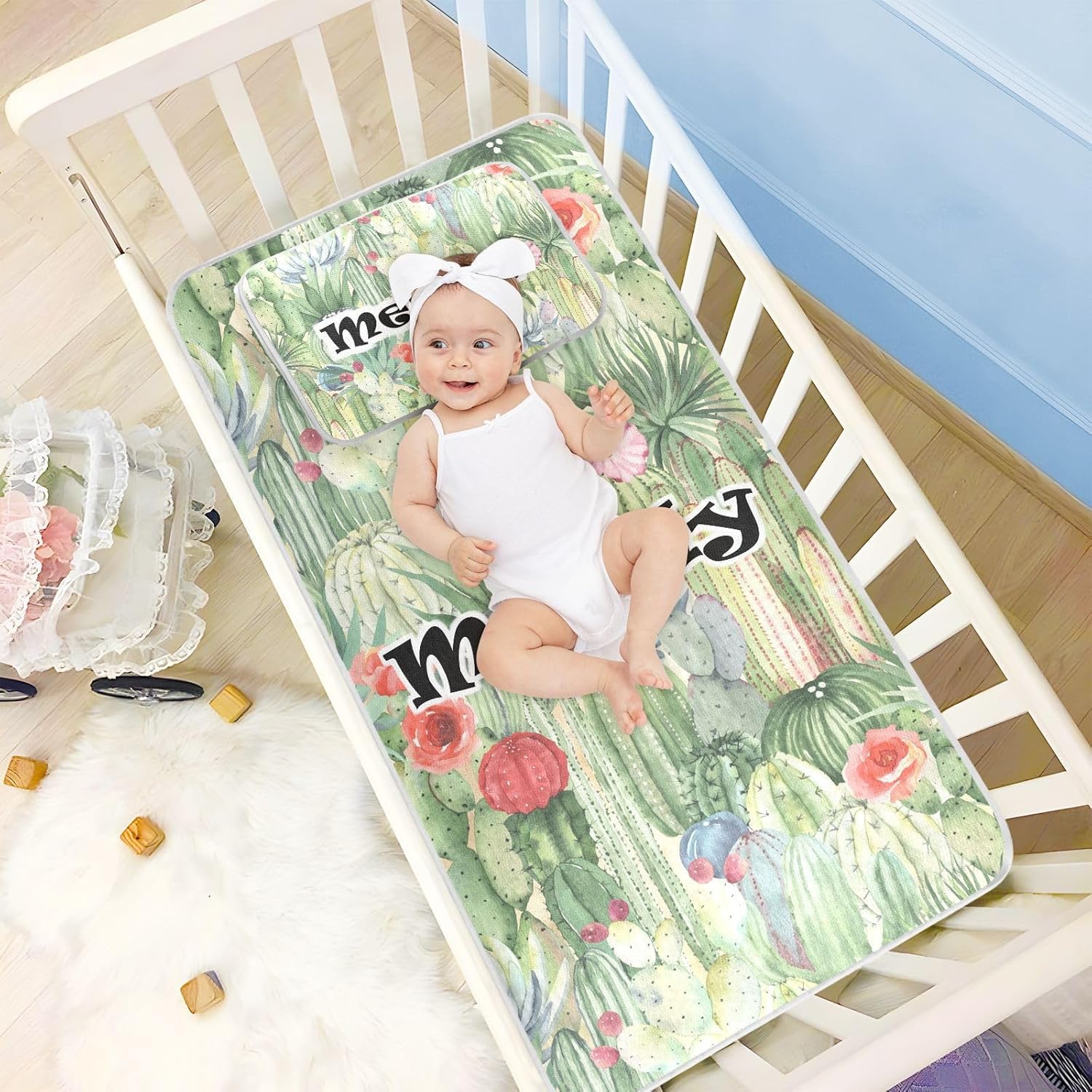 Custom Floral Cactus Succulents Crib Mattress Protector Pad for Boys Girls Baby Ice Silk Mat Bed Playpen Sheets Cooling Mattress Topper Play Mat for