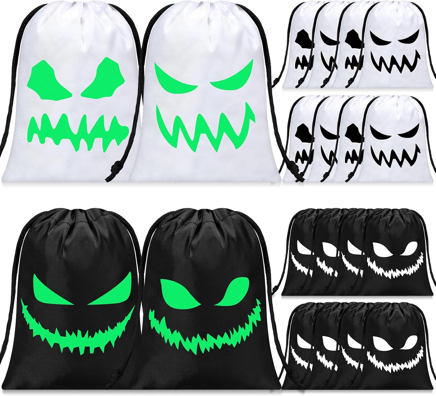 16 bolsas de recuerdo de Halloween, caras espeluznantes, pequeñas con cordón, bolsa de regalo para aula, Halloween, fiesta de cumpleaños (7 x 10