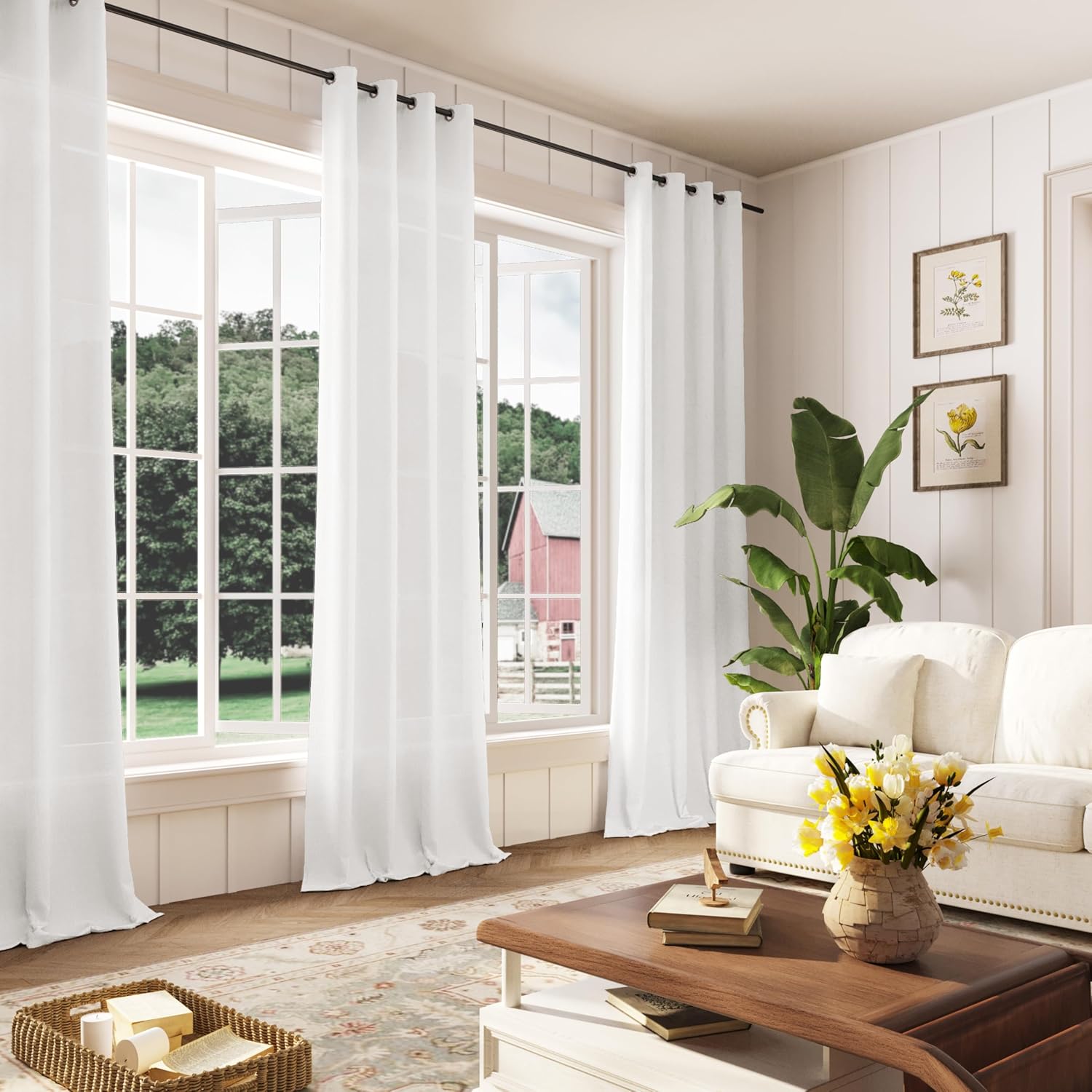 Cortinas de lino blanco roto de 84 pulgadas de largo, juego de 2 paneles de cortinas de lino semitransparentes con ojales para dormitorio, filtro de