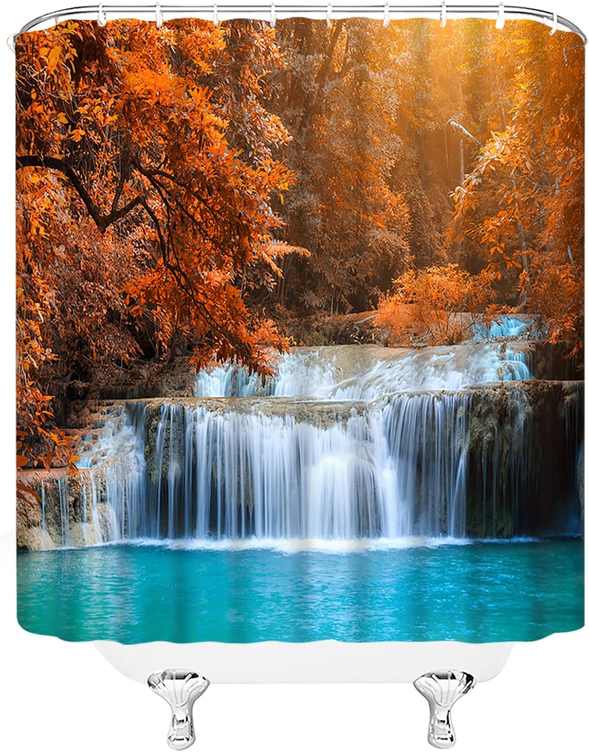 Cortina de ducha de cascada de otoño, bosque, naturaleza, paisaje, río, parque, en la temporada de otoño, corriente en rocas, paisaje, tela, cortina