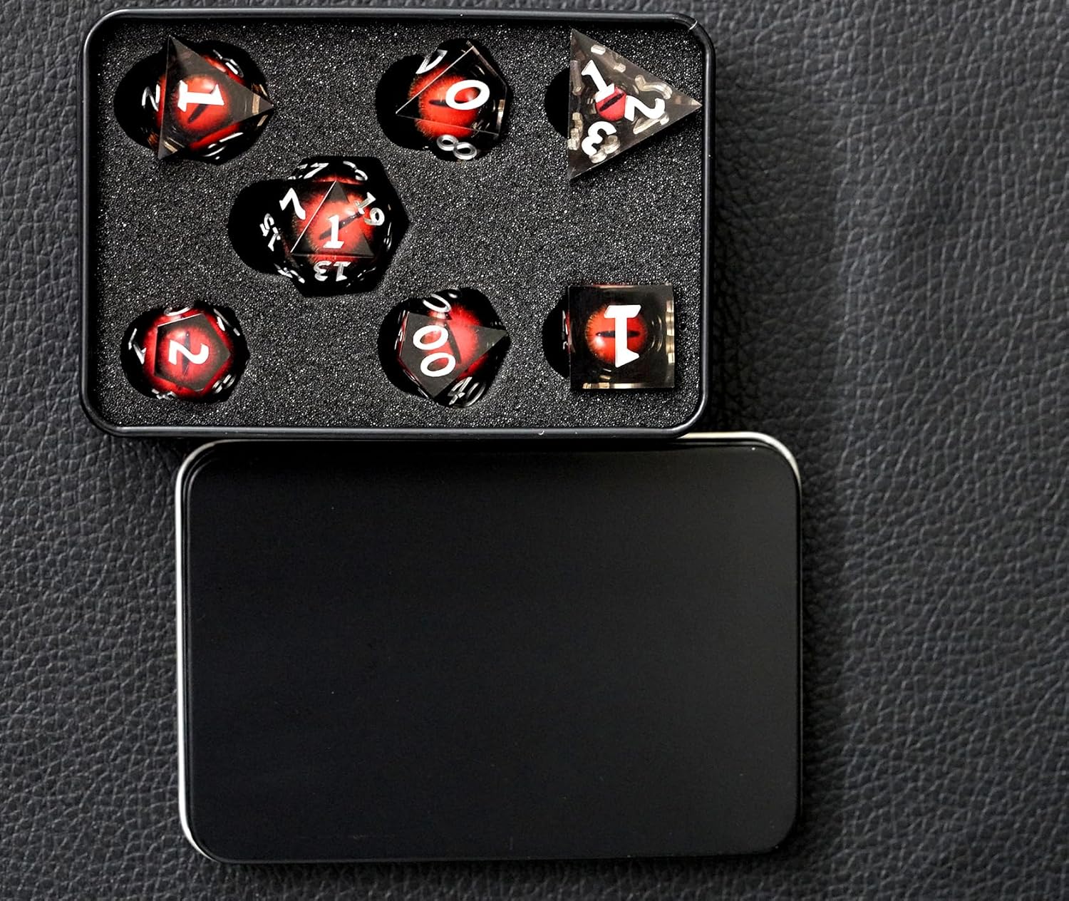 Juego de dados de ojo de dragón, dados DND de resina con caja, juego de dados poliédricos de borde afilado para juegos de rol de Calabozos y Dragones