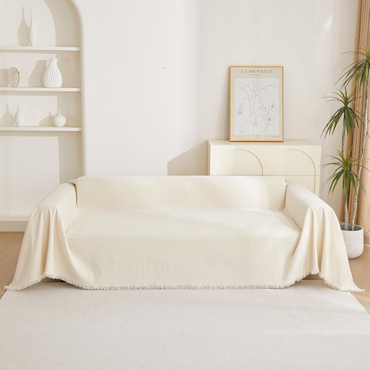 MYSKY HOME Funda de sofá biplaza, funda beige para sofá modular de 2 cojines, funda de sofá gruesa y universal de felpilla con borlas, protector