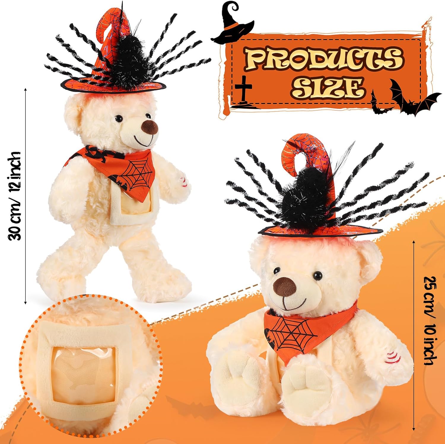 Juego de animales de peluche de oso de Halloween con grabadora de voz, lindo oso de Halloween de 12 pulgadas con sombrero de grabadora de voz y