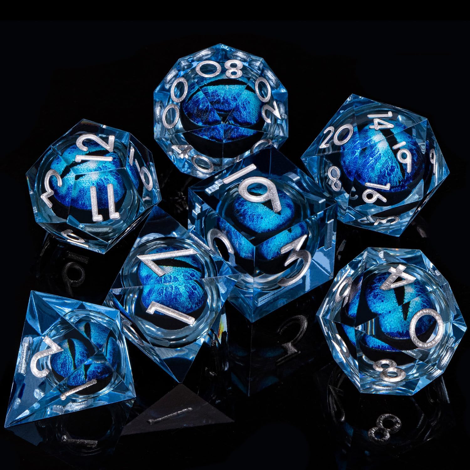 ARUOHHA Juego de dados de ojo de dragón azul DND con núcleo líquido, dados de resina con bordes afilados con caja de regalo, dados poliédricos de