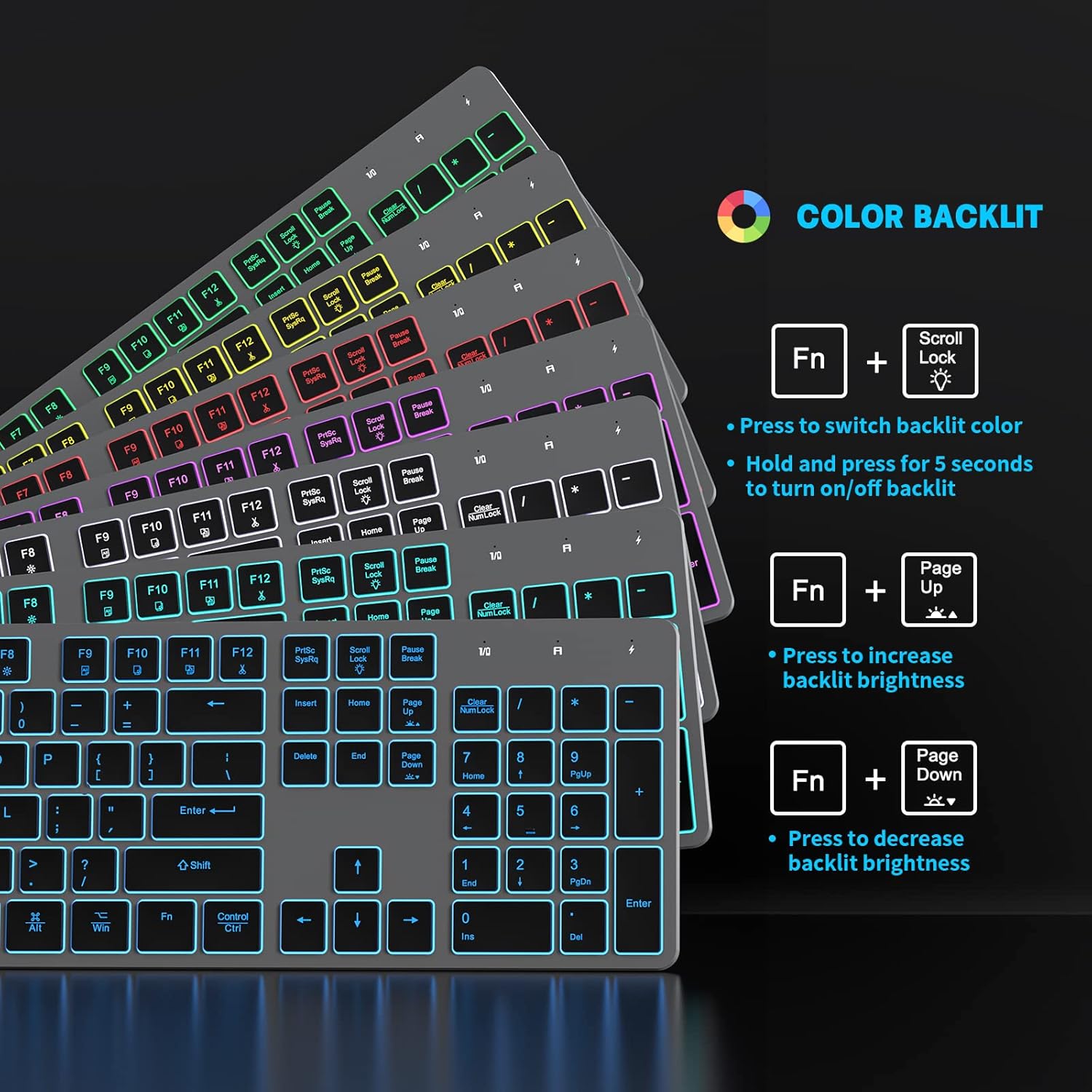 Teclado y mouse inalámbricos, combo de teclado inalámbrico recargable, Jiggle Mouse delgado, tamaño completo, silencioso, 7 colores, retroiluminado,