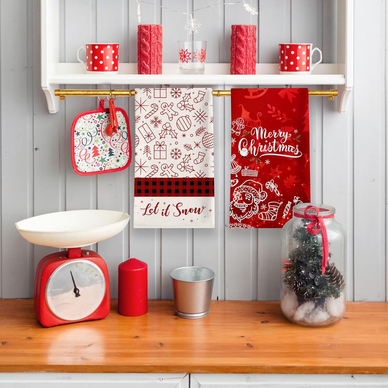 Juego de 2 toallas de cocina de Navidad, diseño de muñeco de nieve con texto en inglés Let it Snow a cuadros, juego de 2 paños para la inauguración