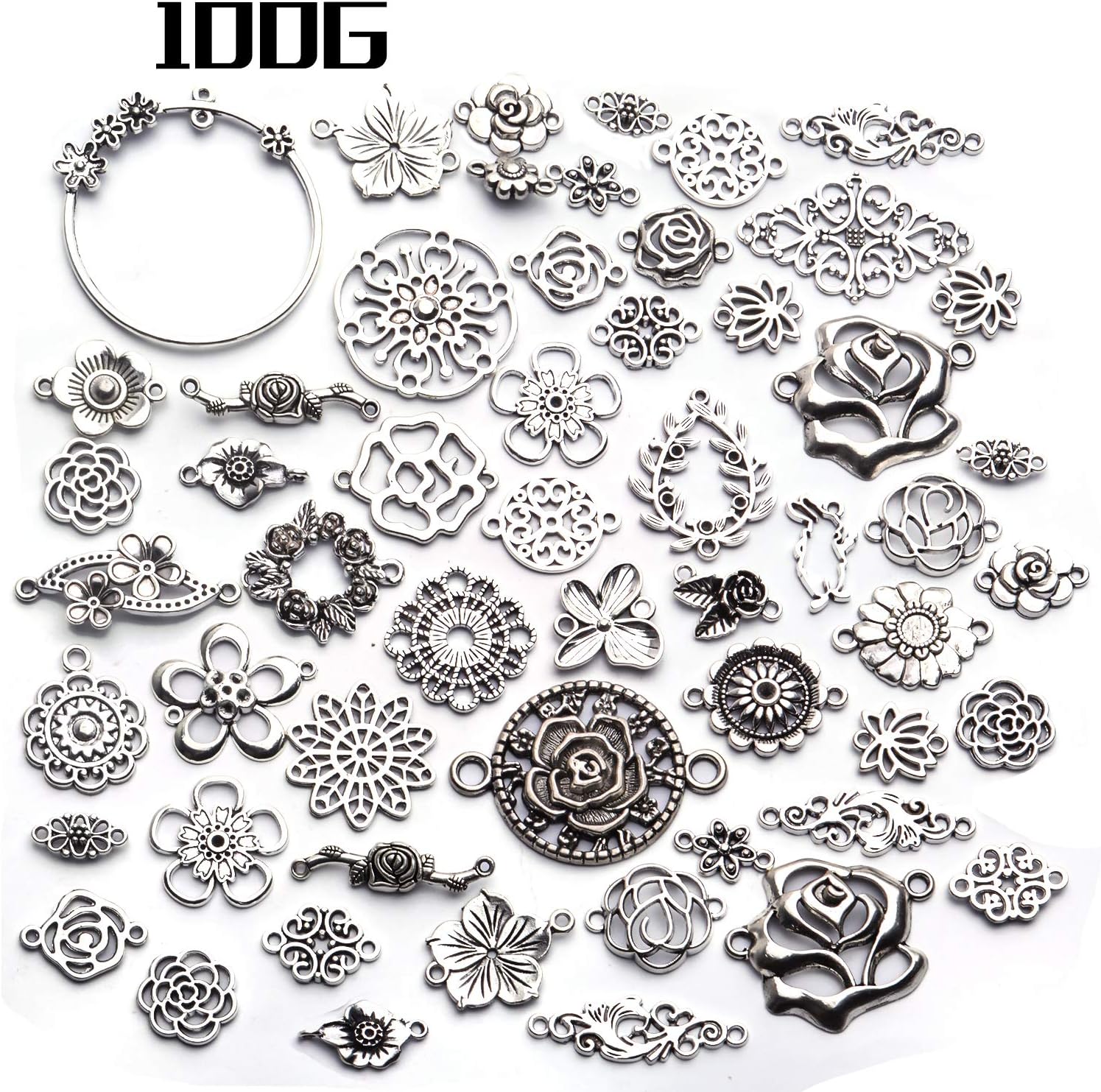 Conectores de joyería de flores, 3.53 oz de plata antigua, conectores tibetanos, dijes de flores de filigrana, suministros de manualidades para