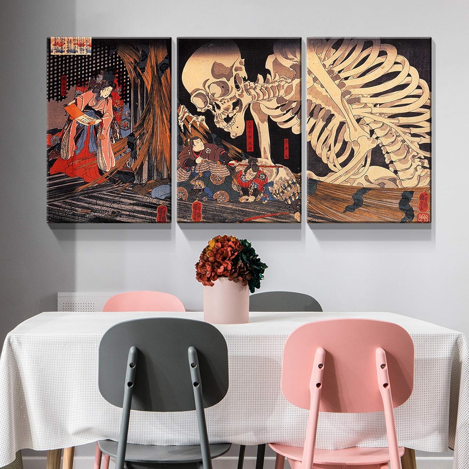 Denozer – Lienzo decorativo para pared de 3 piezas – Utagawa Kuniyoshi – Takiyasha La bruja y el espectro del esqueleto – Ukiyo-E – Decoración
