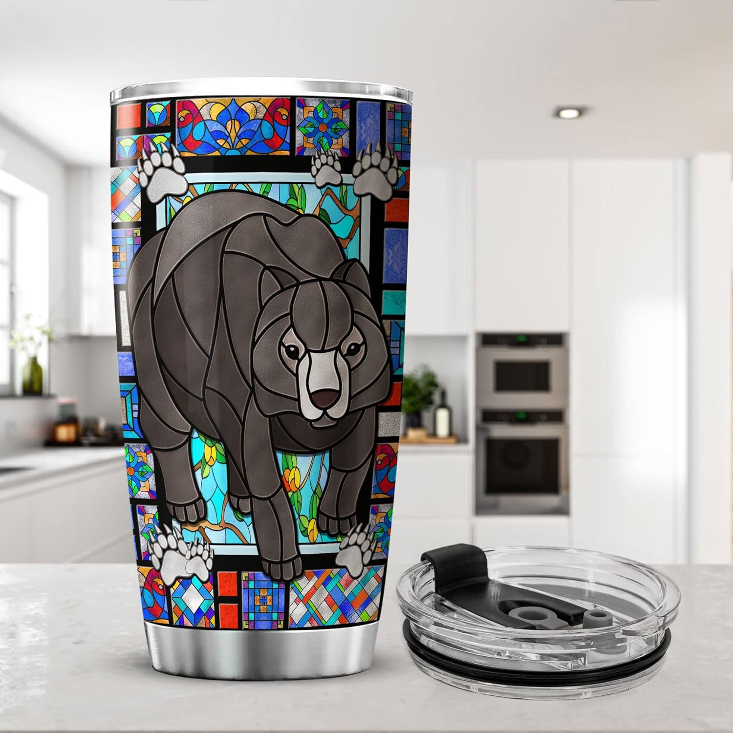 ZOXIX Vaso personalizado con diseño de oso lindo de 20 onzas, colorido estilo vitral, vida silvestre, temática de animales, ideas de regalo, taza