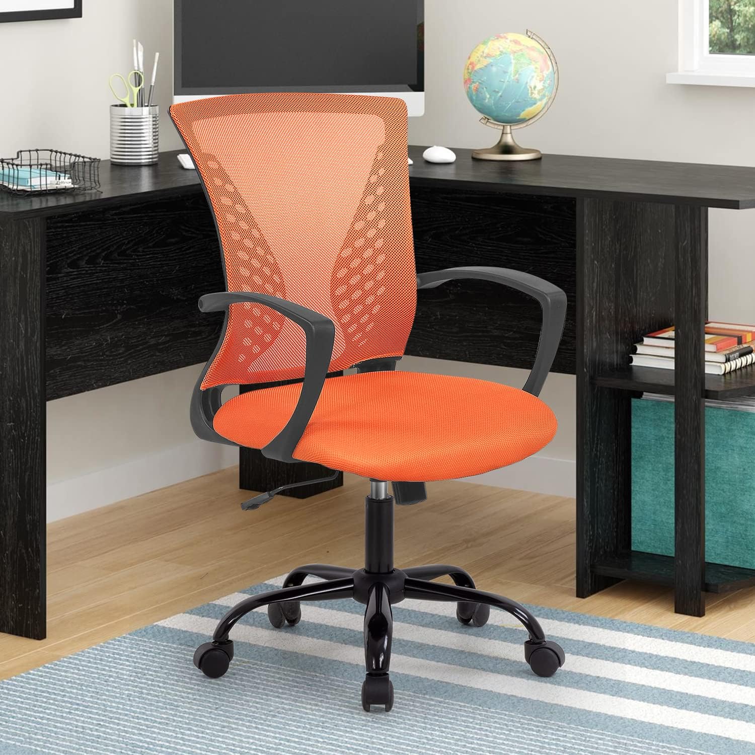 Silla de oficina de malla, silla de computadora con soporte lumbar, reposabrazos giratorio, ajustable, ergonómica, para adultos (naranja)