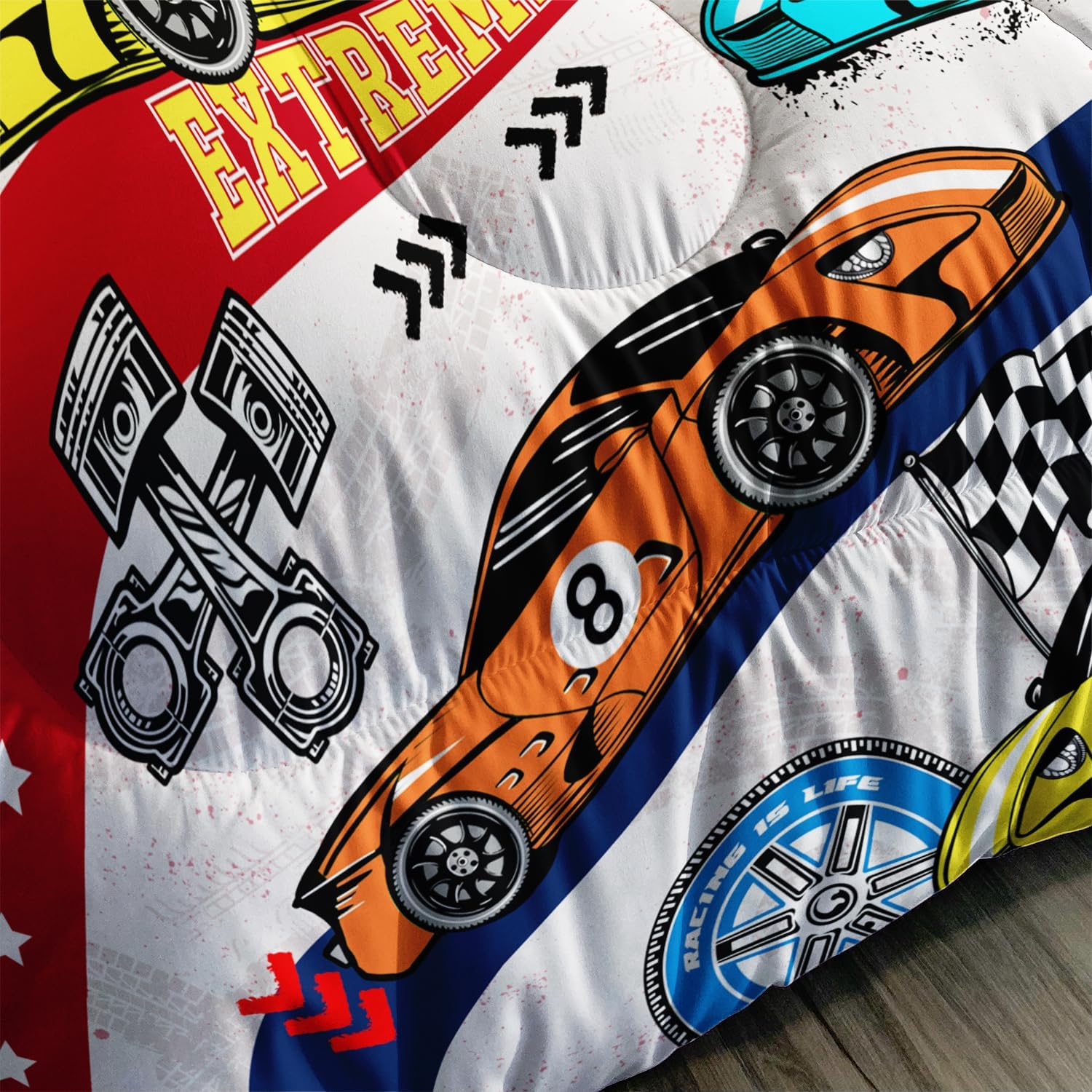 AILONEN Juego de edredón de coche de carreras, tamaño matrimonial, juego de ropa de cama a cuadros para niños y niños, cama de auto de carreras de