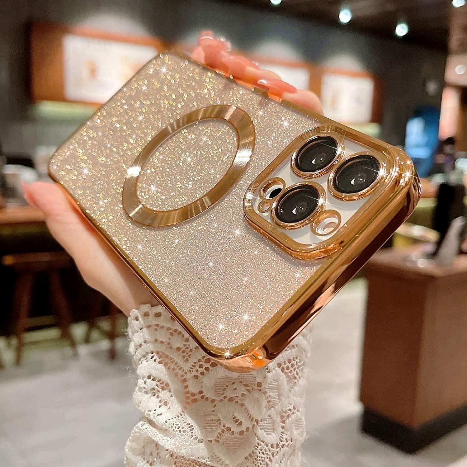 aowner Funda magnética para iPhone 15 Pro con purpurina, chapado de lujo brillante con protector de lente de cámara, compatible con MagSafe, delgada