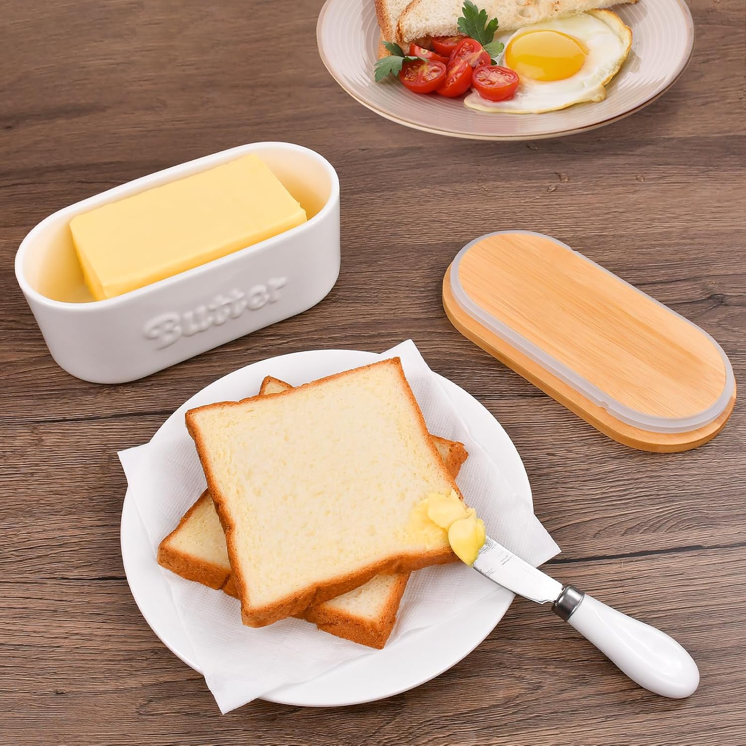 Mantequillera con tapa, caja de mantequilla de cerámica, recipiente de mantequilla para mostrador, conservador de mantequilla con tapa y cuchillo