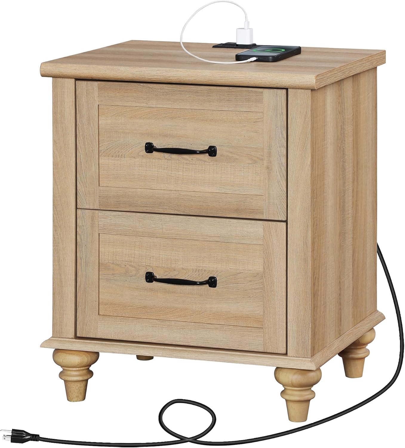 WAMPAT Mesita de noche con estación de carga, mesa auxiliar de madera clara con 2 cajones para sala de estar, mesita de noche de granja para