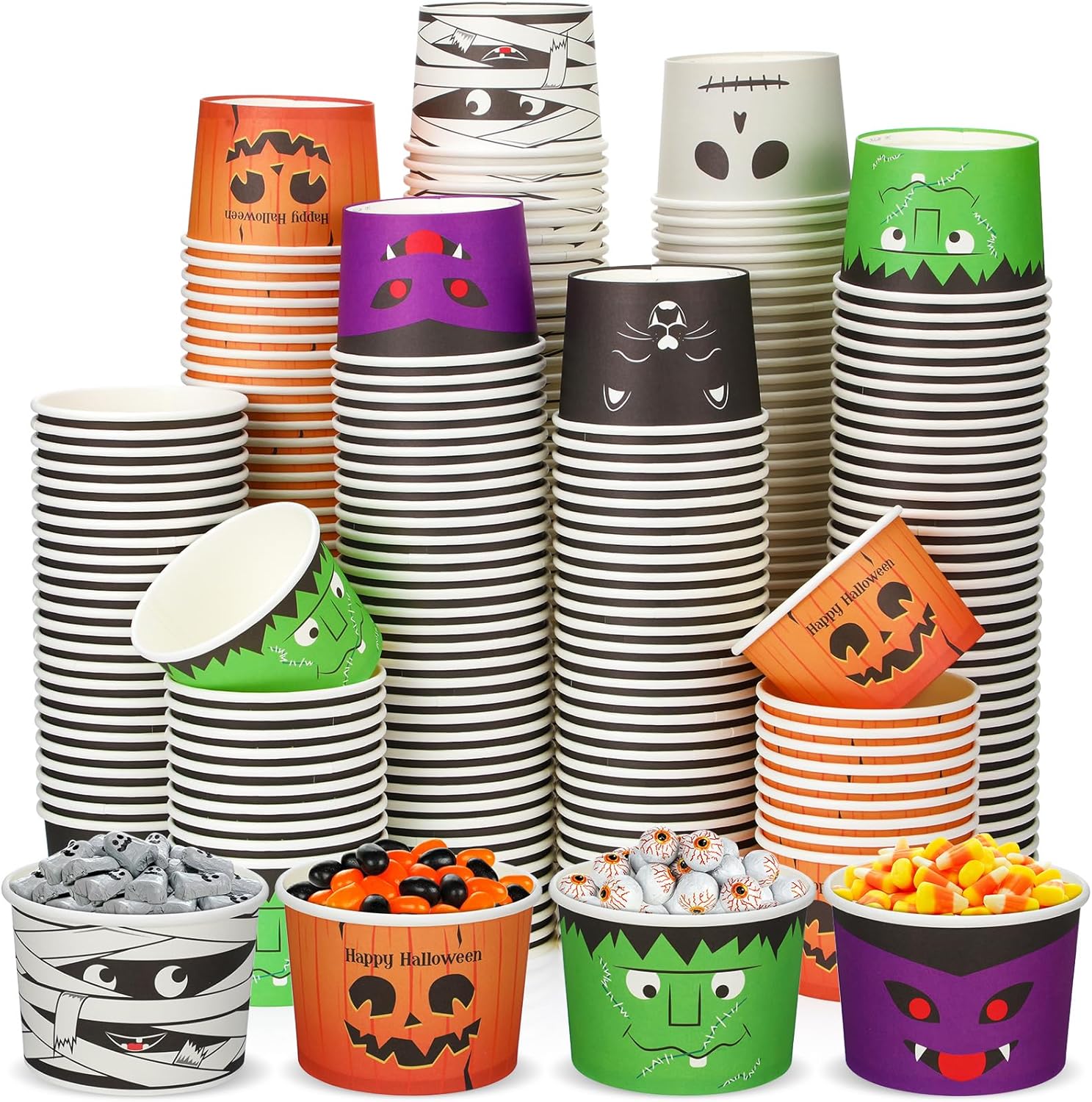300 tazas desechables de 8 onzas para refrigerios de Halloween, cuencos de postre, tazas de calabaza, vasos de papel de esqueleto, tazas de helado