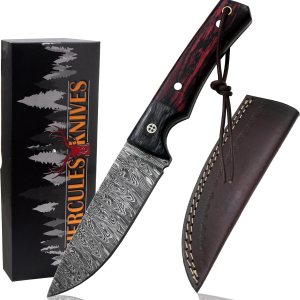 Hercules Knives Cuchillo de acero de Damasco forjado a mano de encargo Cuchillo de caza Cuchillo de caza Español Mango de madera Español Funda de Hercules Knives Cuchillo de acero de Damasco forjado a mano de encargo Cuchillo de caza Cuchillo de caza Español Mango de madera Español Funda de