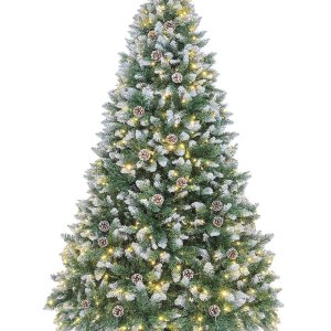 Prelit Árbol de Navidad artificial de 6 pies con luces, conos de pino, árbol de Navidad flocado con 270 luces LED blancas cálidas, 810 puntas de Prelit Árbol de Navidad artificial de 6 pies con luces, conos de pino, árbol de Navidad flocado con 270 luces LED blancas cálidas, 810 puntas de