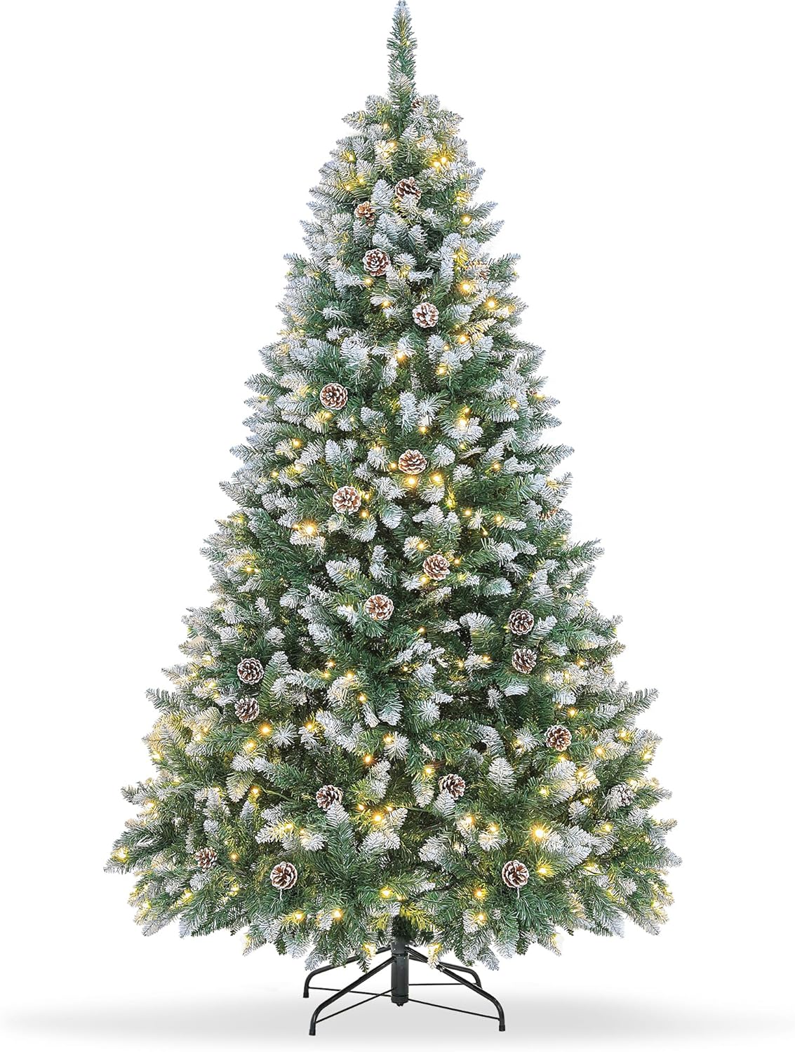 Prelit Árbol de Navidad artificial de 6 pies con luces, conos de pino, árbol de Navidad flocado con 270 luces LED blancas cálidas, 810 puntas de