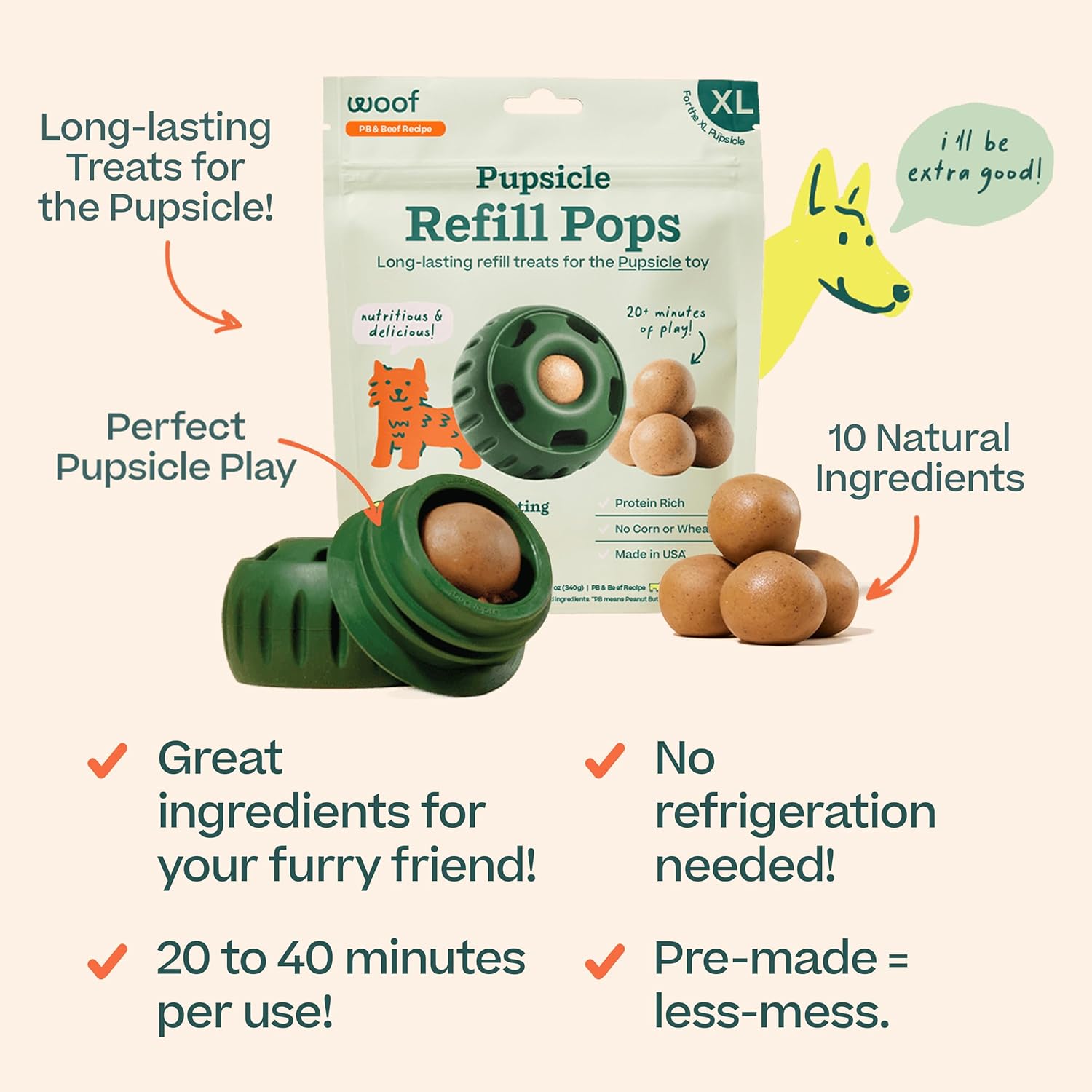 WOOF Pupsicle Pops, deliciosas golosinas para perros de larga duración, repuestos para el Pupsicle, golosinas de repuesto prefabricadas para perros,