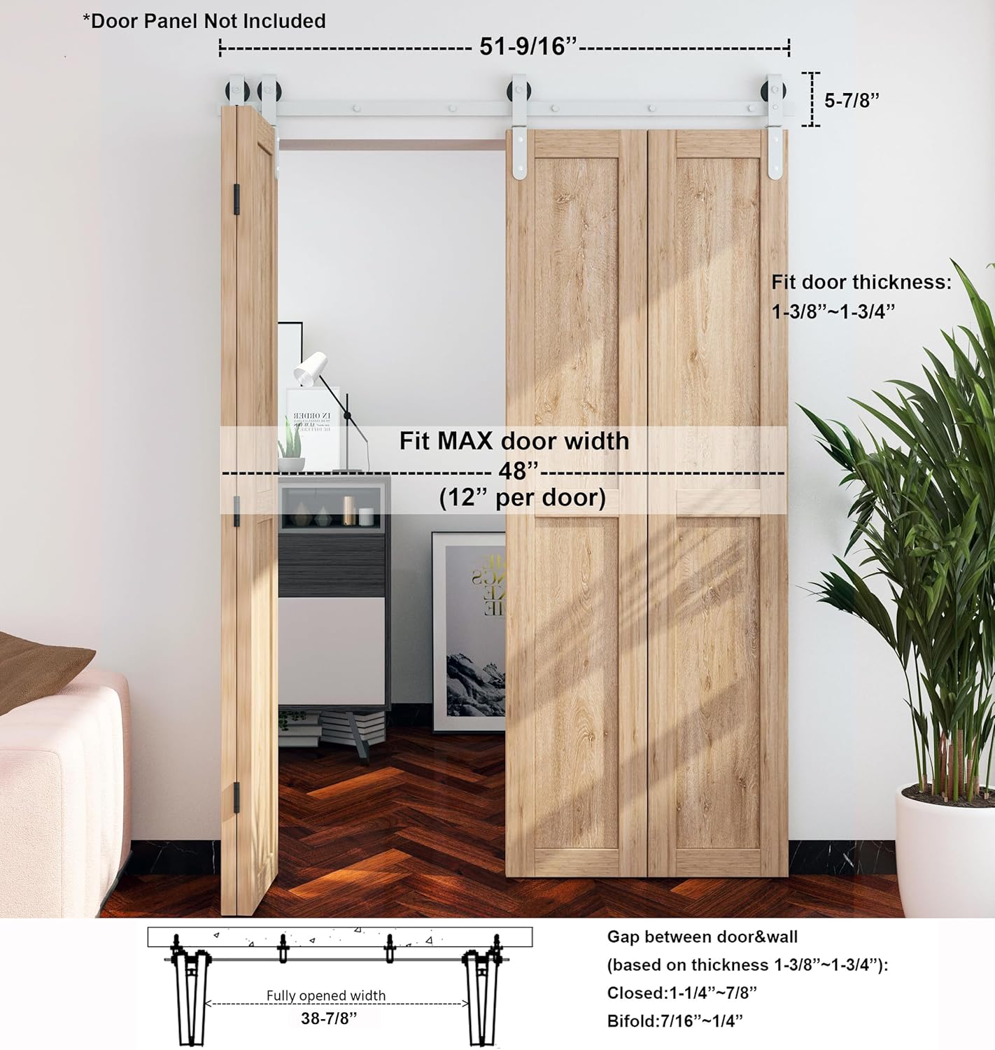 DIYHD Kit de puerta corrediza de granero plegable de 51-916 pulgadas, montaje frontal resistente, para 4 puertas, se ajusta a un ancho máximo de