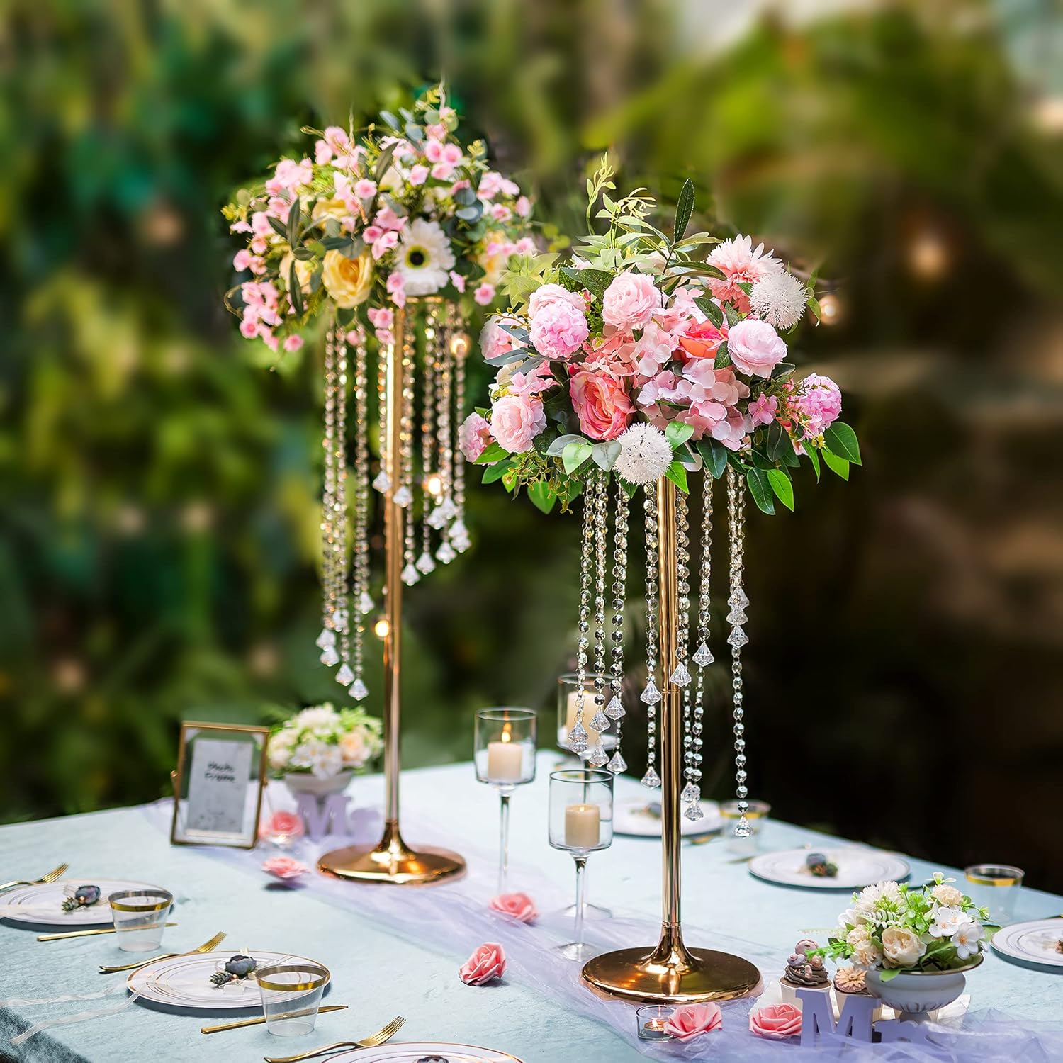 Nuptio 2 centros de mesa de boda de 27.6 pulgadas de alto, jarrones dorados, jarrón de flores de cristal, soporte de flores de metal para decoración