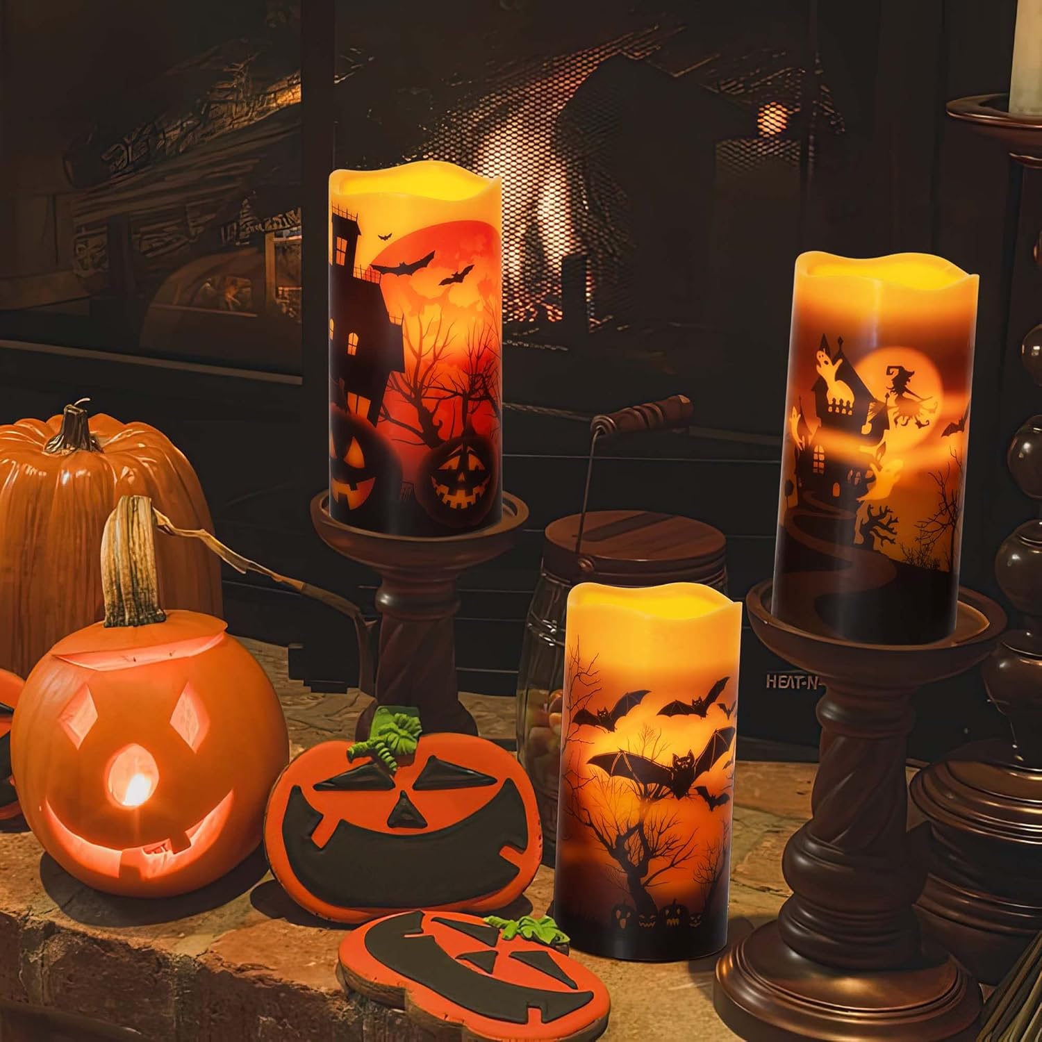 HN HAIINAA Velas de Halloween sin llama que funcionan con pilas con temporizador de 6 horas, velas LED parpadeantes de cera real, castillo, bruja,