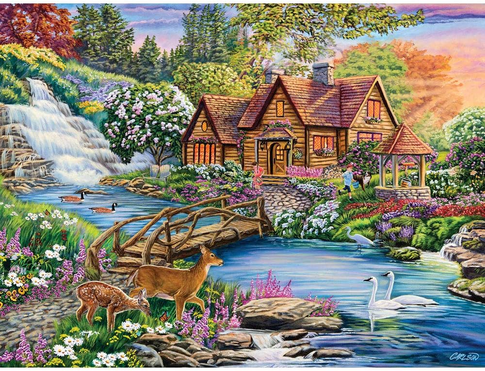 Bits and Pieces – Rompecabezas de 500 piezas para adultos de 18 x 24 pulgadas – Bosque encantado – 500 piezas Woodland Cottage, animales de la
