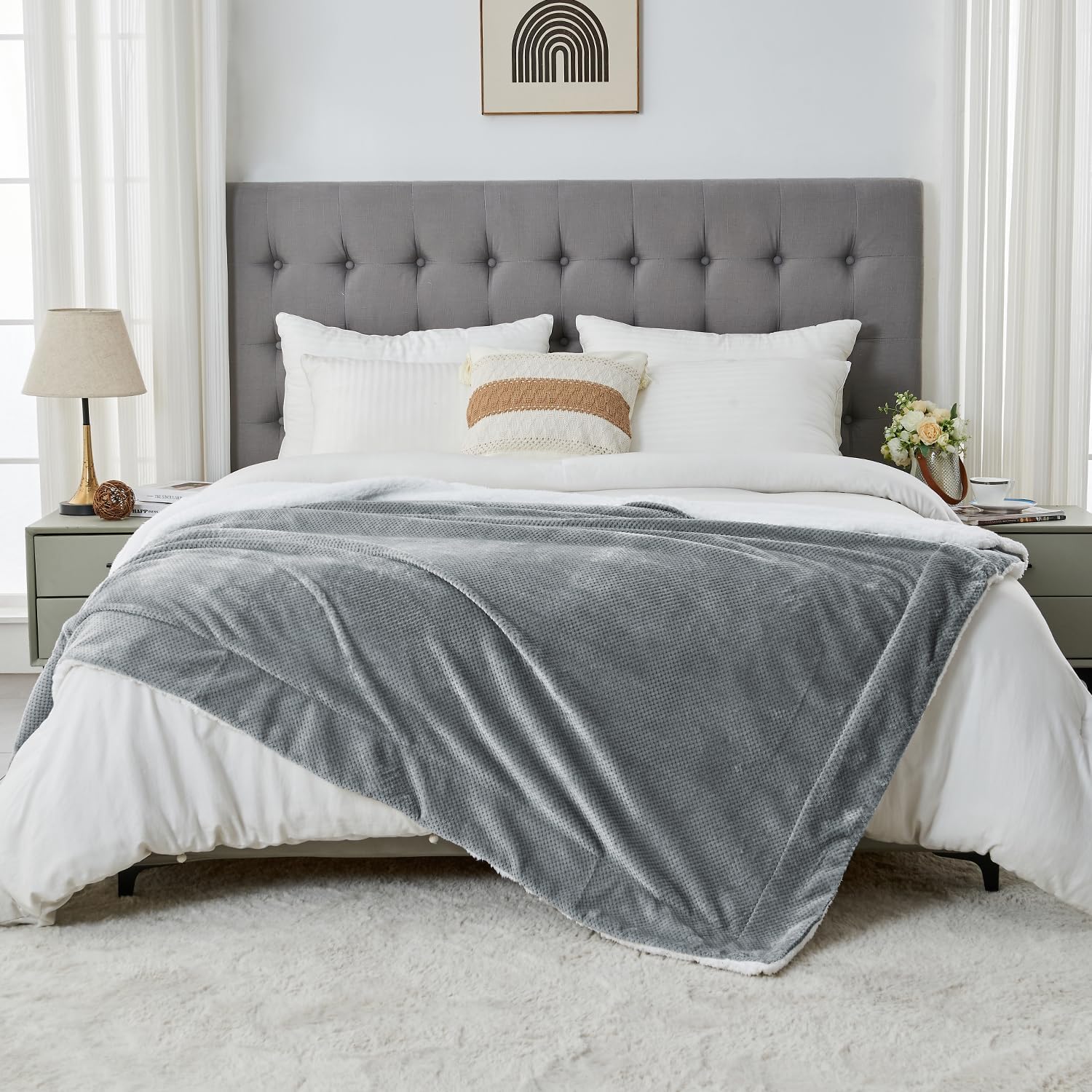 SOCHOW – Manta de forro polar Waffle Sherpa, muy suave, cálida y esponjosa, ligera, reversible, manta de felpa para cama, sofá