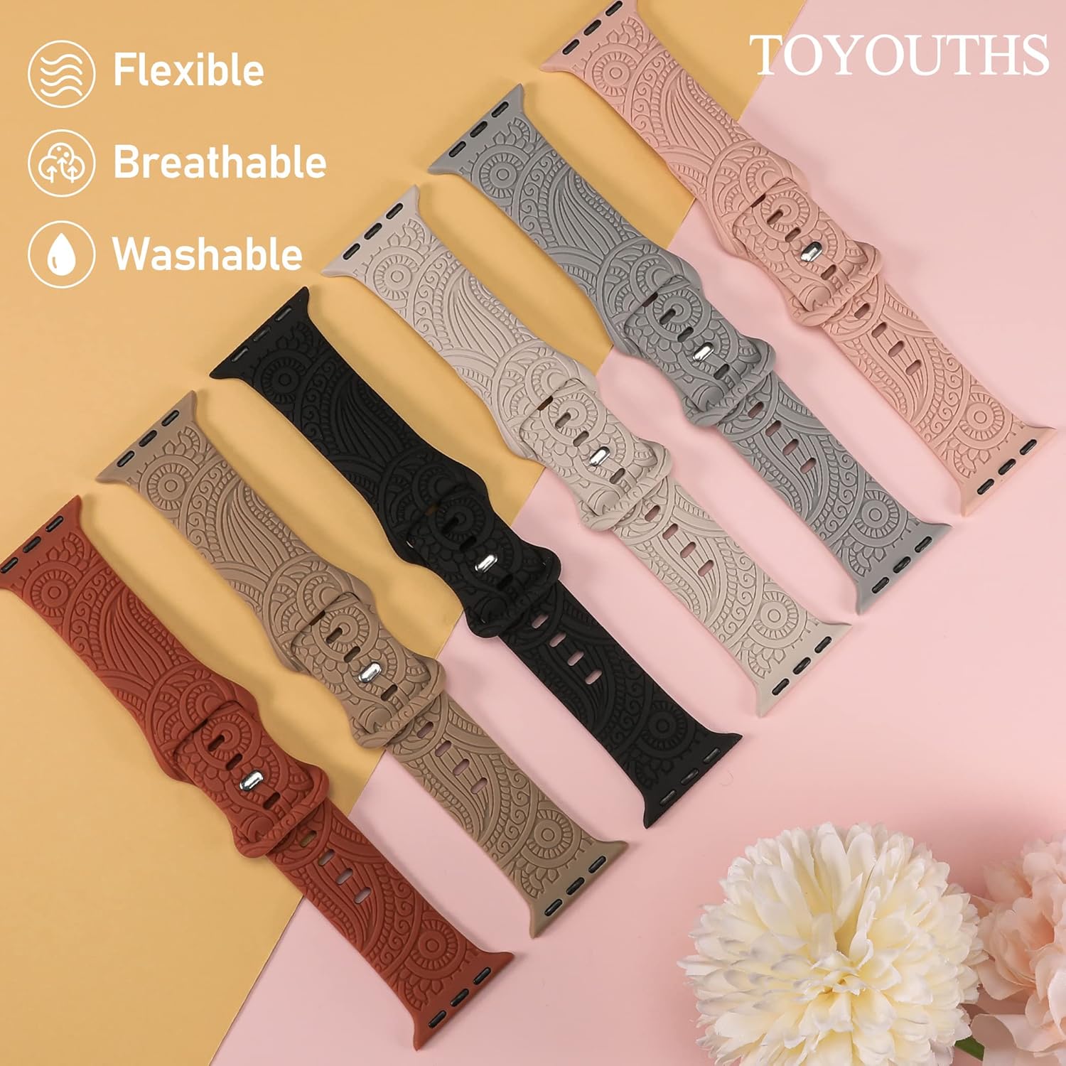 TOYOUTHS Paquete de 6 correas bohemias grabadas compatibles con Apple Watch de 1.772 pulgadas, 1.732 pulgadas, 1.654 pulgadas, 1.732 pulgadas,