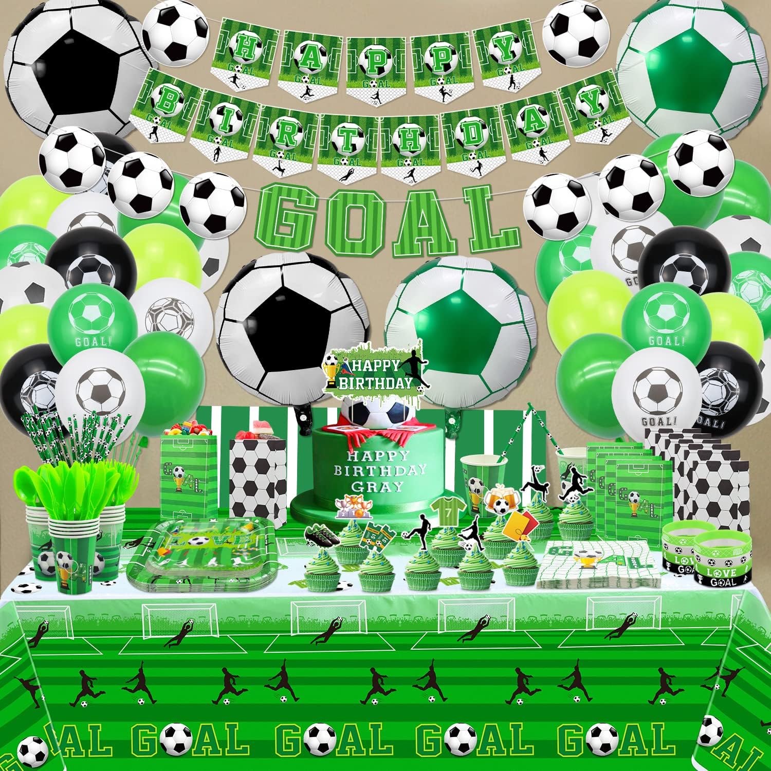 Suministros para fiesta de cumpleaños de fútbol, incluye pancarta de feliz cumpleaños, bolsas de recuerdo de fútbol, pulseras de silicona para