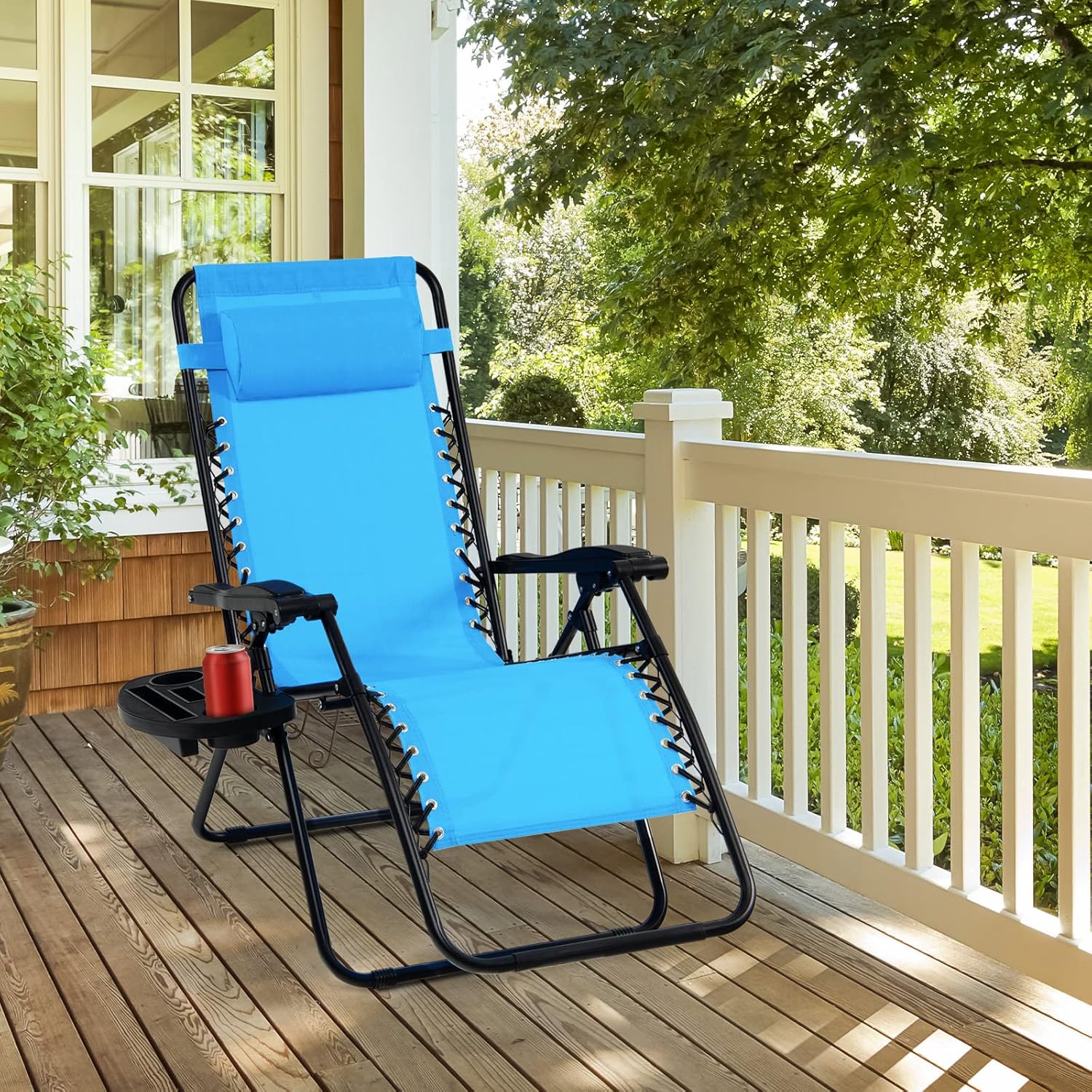 Tangkula Juego de 2 sillas de gravedad cero, silla plegable para patio, reclinable, ajustable, con soporte para tazas, reposabrazos anchos para