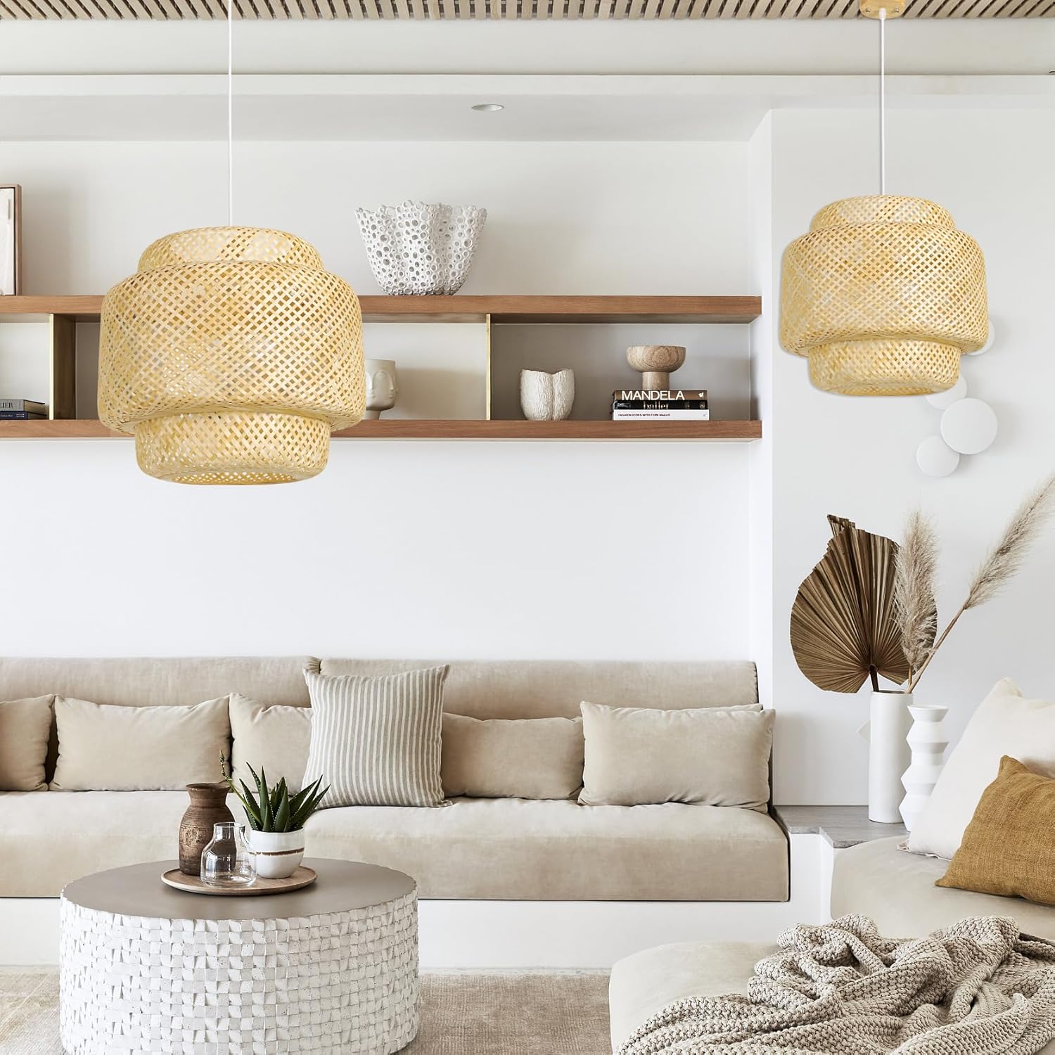 Lámpara colgante de bambú, lámpara colgante tejida a mano de 15.7 pulgadas, lámpara de techo bohemia, lámpara de ratán natural beige para cocina,