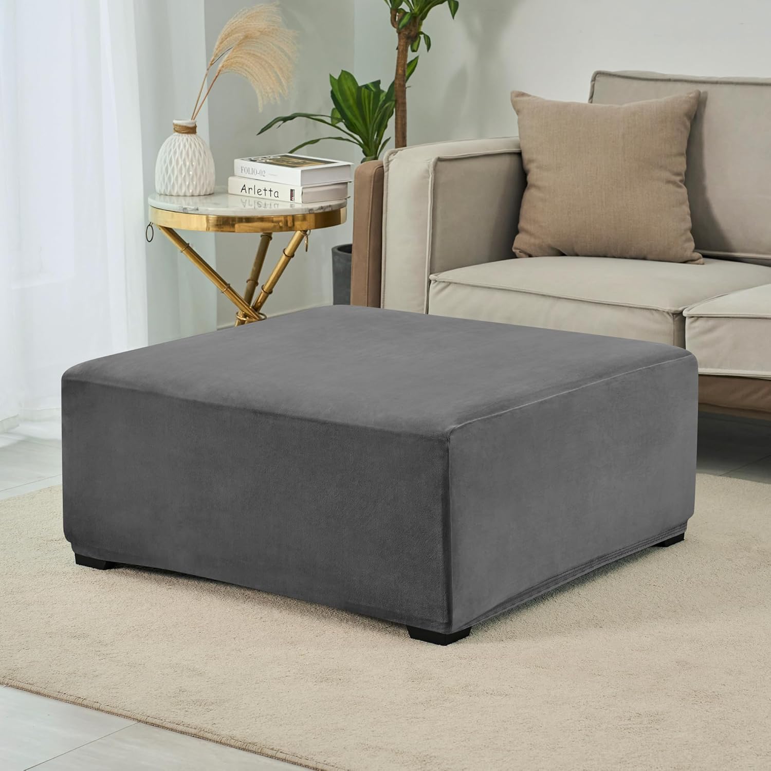 Funda otomana cuadrada, de terciopelo elástico, funda otomana cuadrada, funda otomana gruesa, lavable, funda otomana de almacenamiento con parte