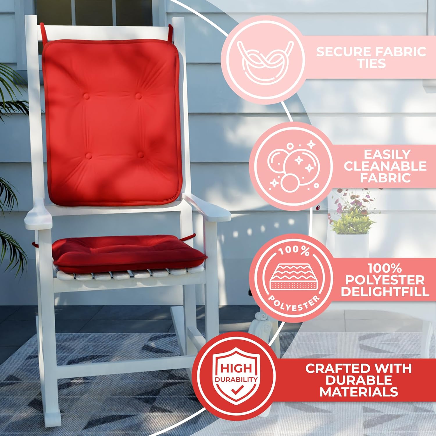 Klear Vu Juego de cojines para silla mecedora para porche, ensamblados en los Estados Unidos, elegantes almohadillas de asiento y respaldo con lazos