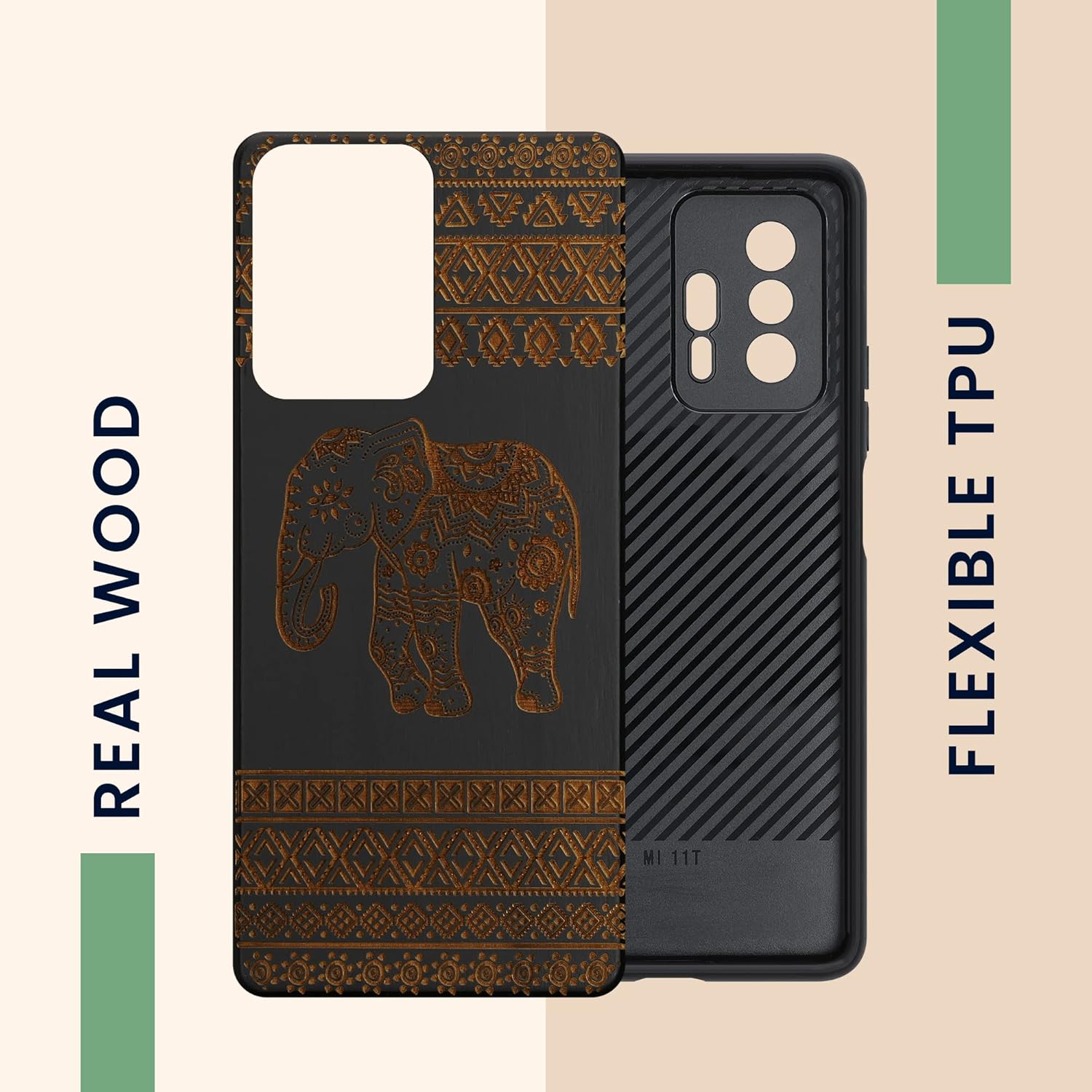 kwmobile Funda de madera compatible con Xiaomi 11T  11T Pro – Funda – Elefante de madera con patrón marrón claronegro