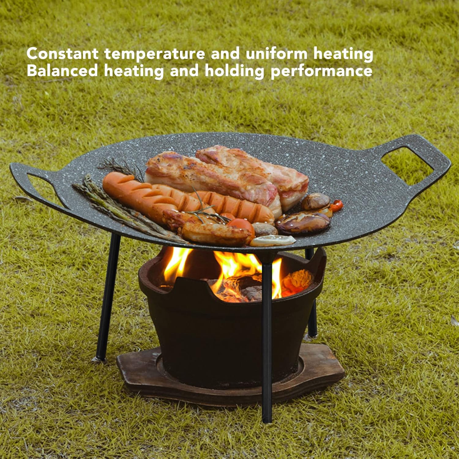 Sartén coreana, sartén redonda antiadherente para barbacoa con asas dobles, conductividad térmica rápida, soporte estable, adecuada para estufa de