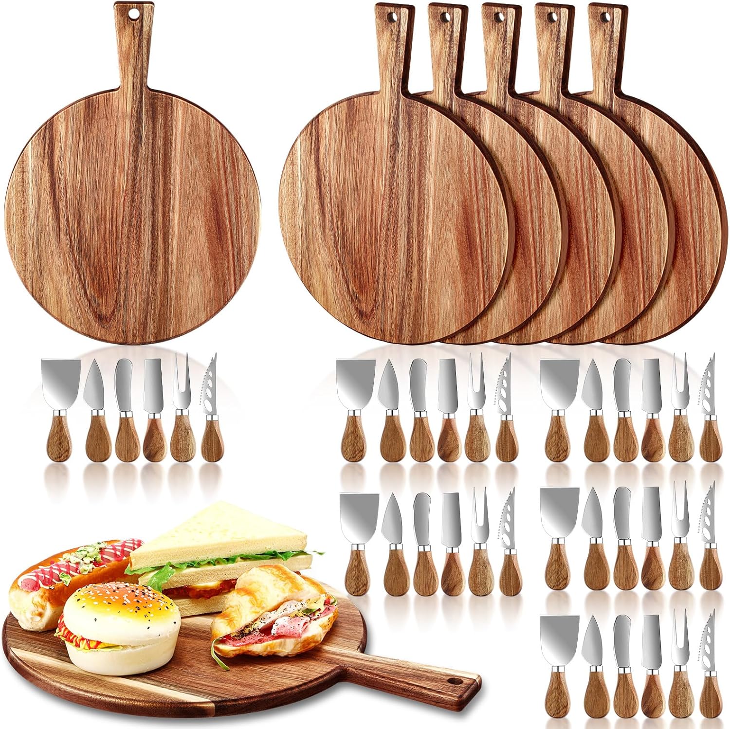 Juego de 6 tablas de queso de Navidad, tabla de cortar de madera de Navidad con mango y cuchillos de queso, tabla decorativa para quesos a granel