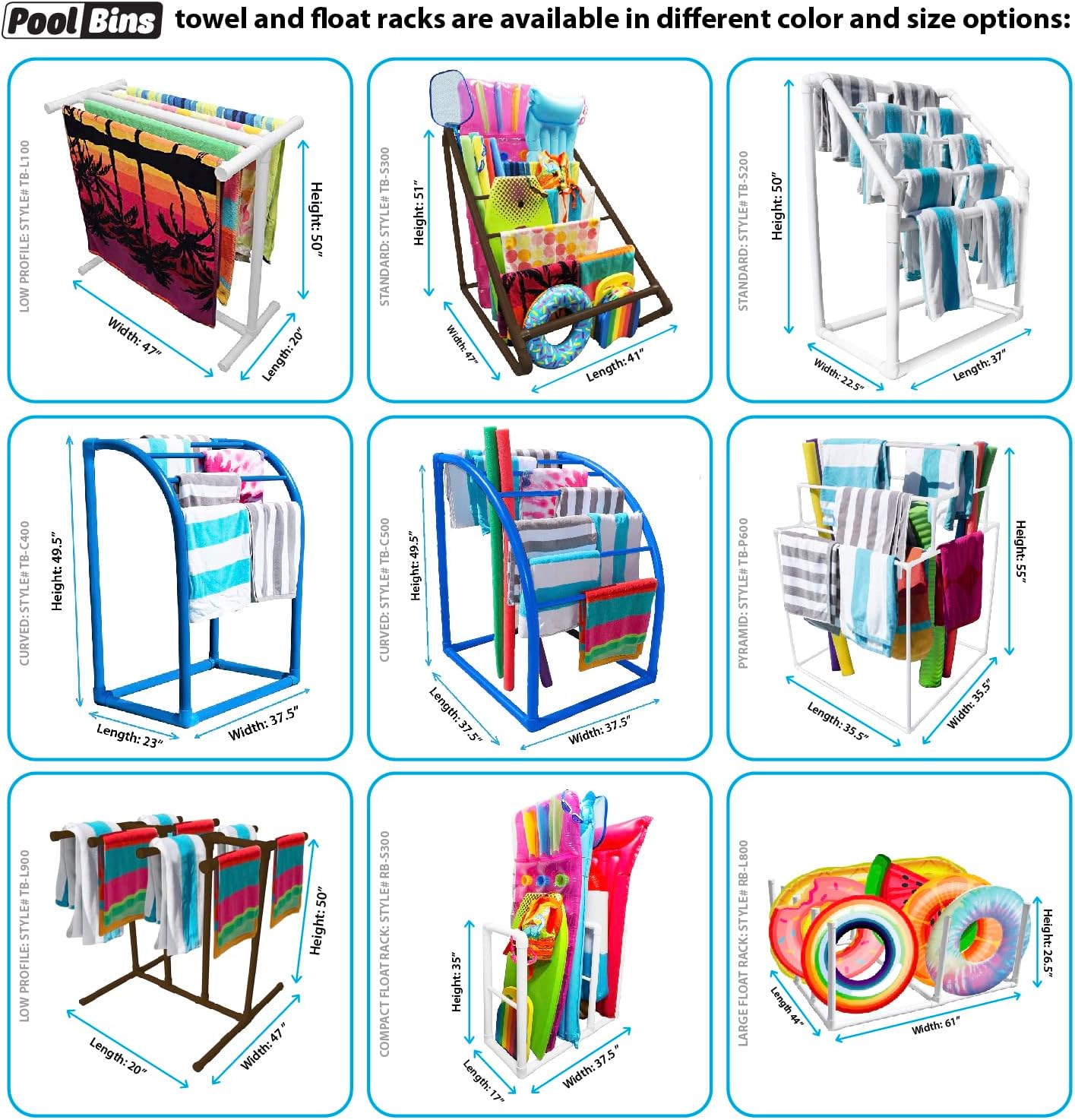 Pool Bins Toallero de piscina para 5 bares, organizador horizontal de almacenamiento junto a la piscina, también almacena flotadores, (20 pulgadas