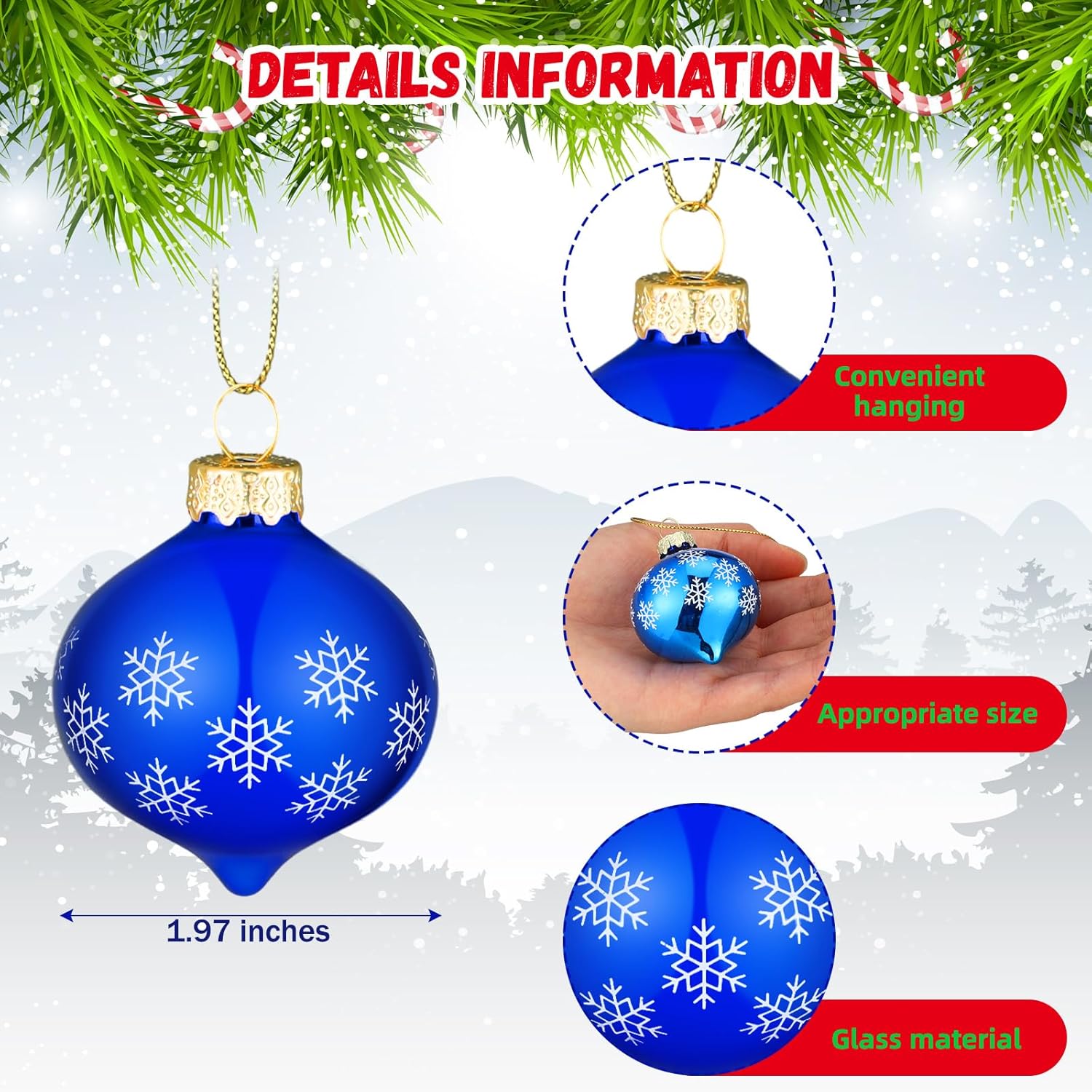 24 adornos colgantes de caramelo de menta navideña, bolas de vidrio, copos de nieve de Navidad, puntos de nieve, rayas, decoración de blanco, rojo,