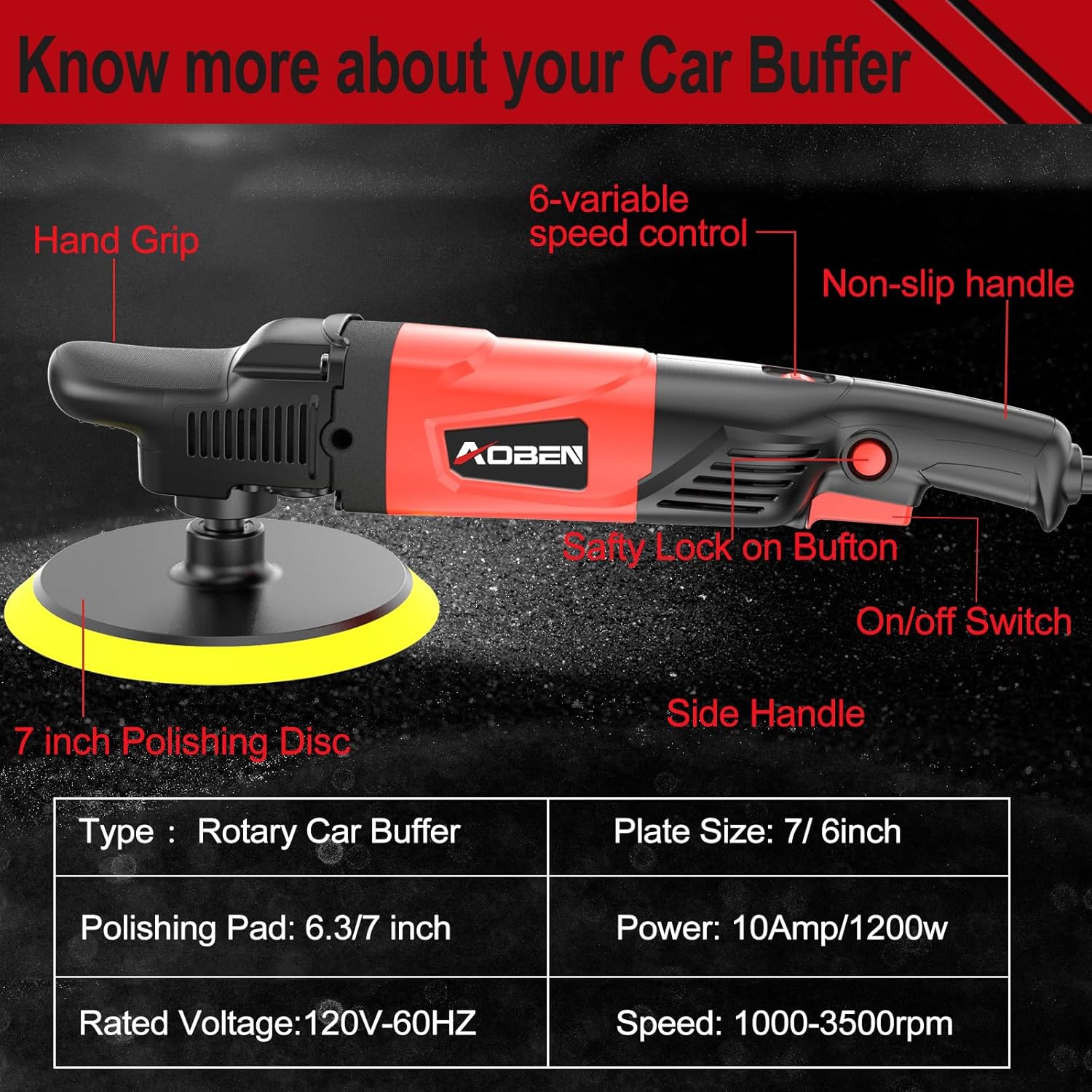AOBEN Pulidor rotativo de búfer, 1200 W, 6 pulgadas7 pulgadas, kit de cera para pulidor de automóvil con 6 velocidades variables de 1000-3500 RPM y
