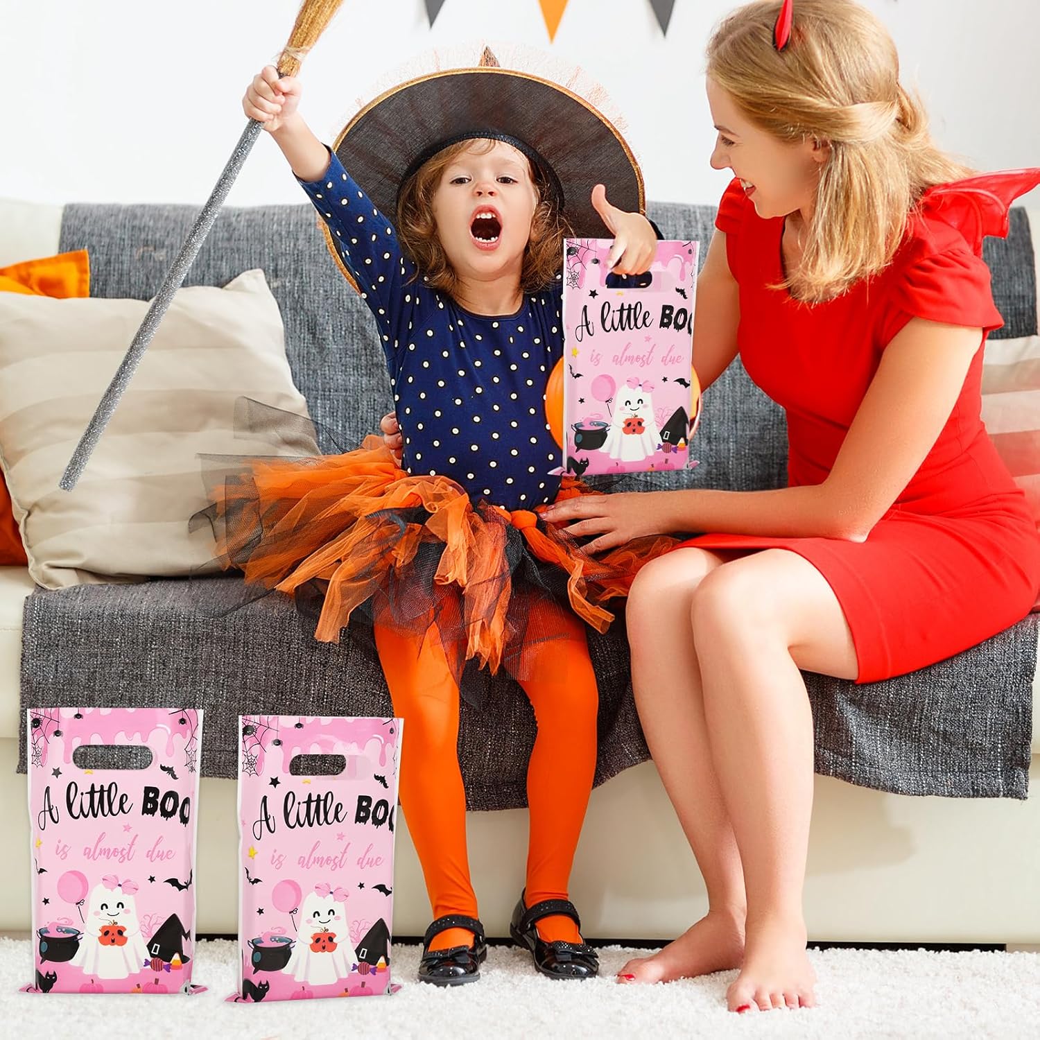 AnyDesign – 60 bolsas de regalo de Halloween Little Boo, bolsas de regalo de fantasmas de Halloween, bolsas de plástico para dulces para fiesta de