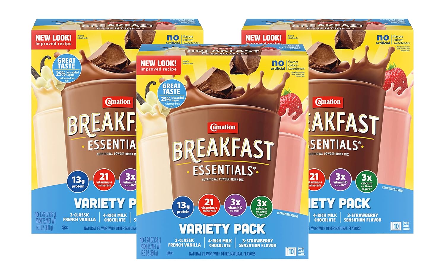 Carnation Instant Breakfast Essentials, paquete variado, 10 unidades, unidades de 1.26 onzas (paquete de 3)