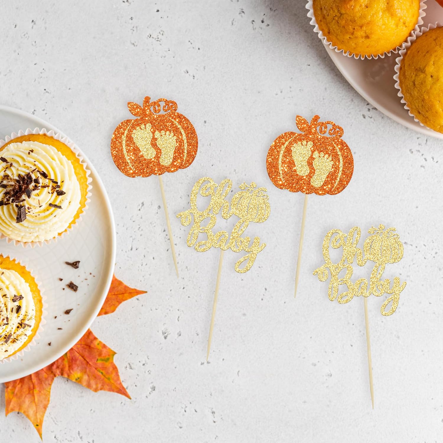 24 piezas de calabaza Oh Baby Cupcake Toppers con purpurina para pies de bebé, calabaza para cupcakes temáticos de otoño, baby shower, fiesta de