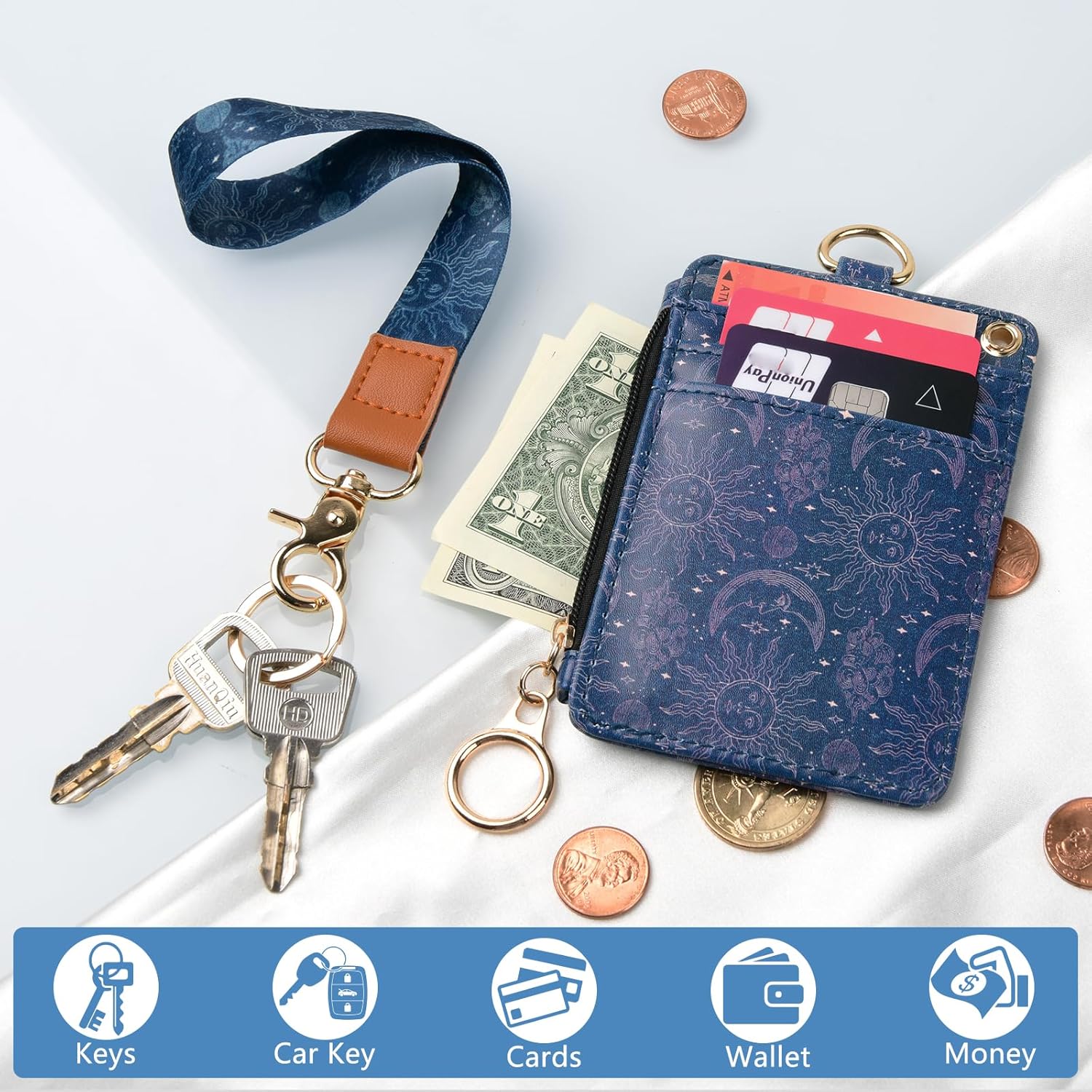 Cartera con cordón para tarjetas de identificación con cordones y correa para la muñeca, funda con bolsillo con cremallera para mujeres, hombres y