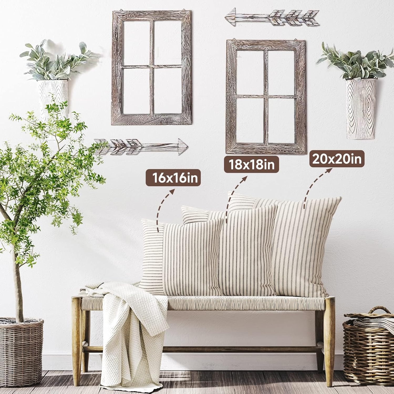 Fundas de almohada de granja de 20 x 20 pulgadas, juego de 2 fundas de almohada cuadradas modernas, fundas de almohada decorativas de lino a rayas